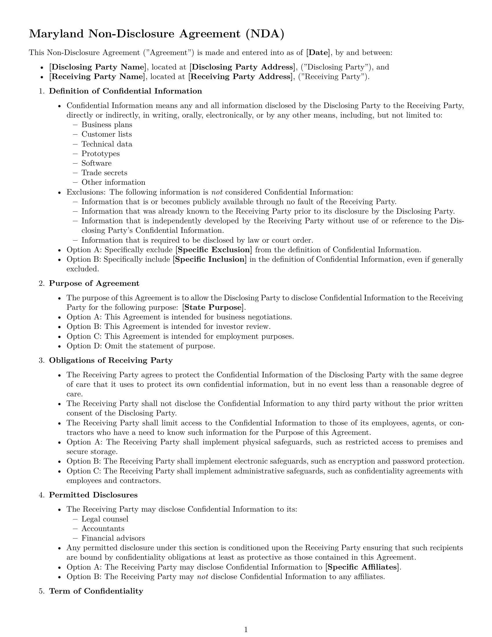 Preview page 1 of Free Maryland nda template