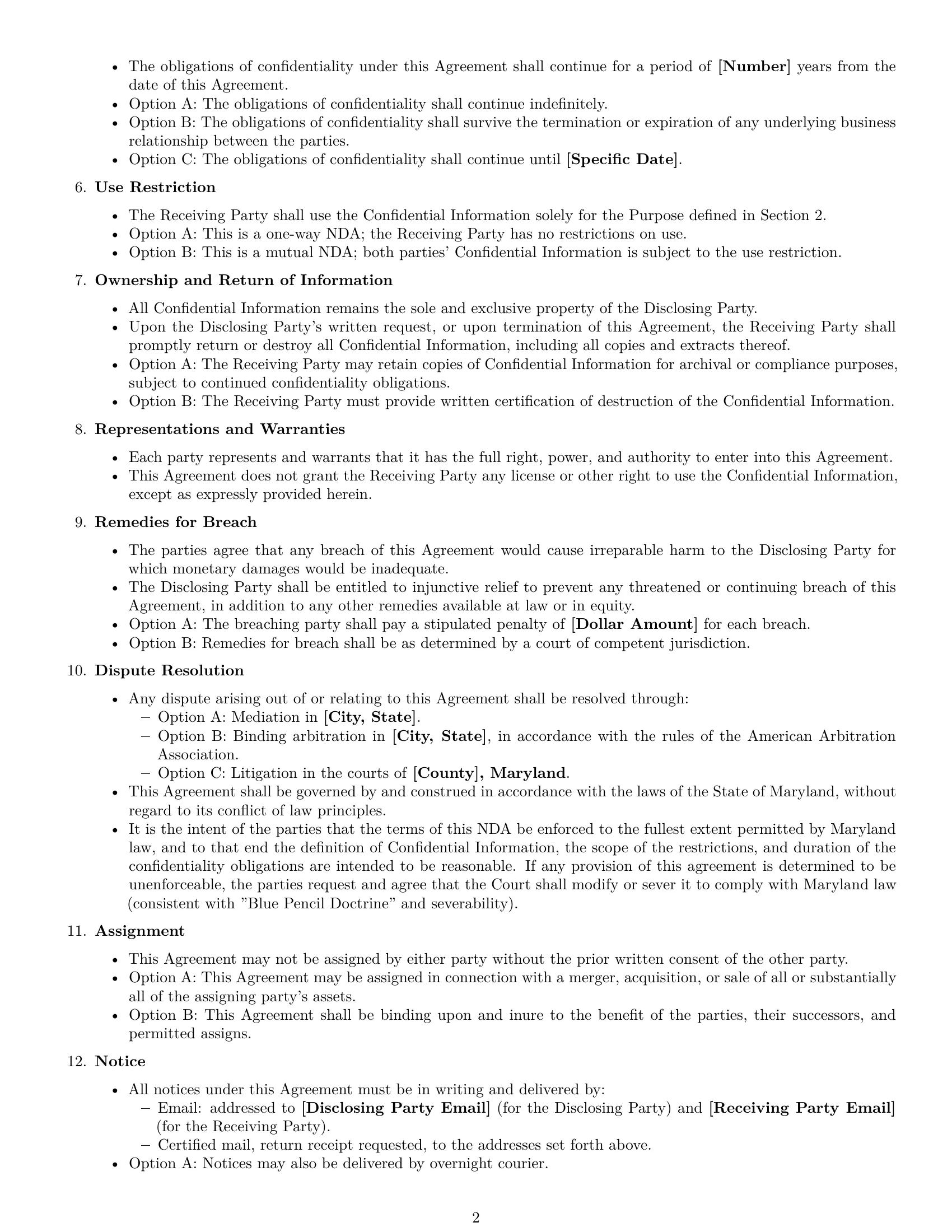 Preview page 2 of Free Maryland nda template