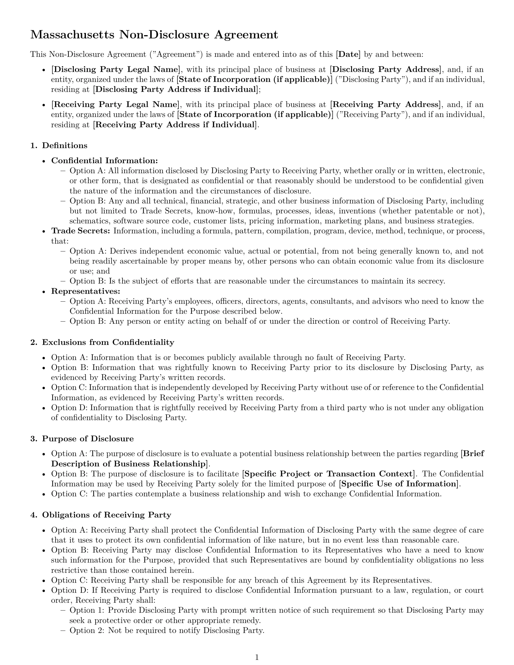Preview page 1 of Free Massachusetts nda template