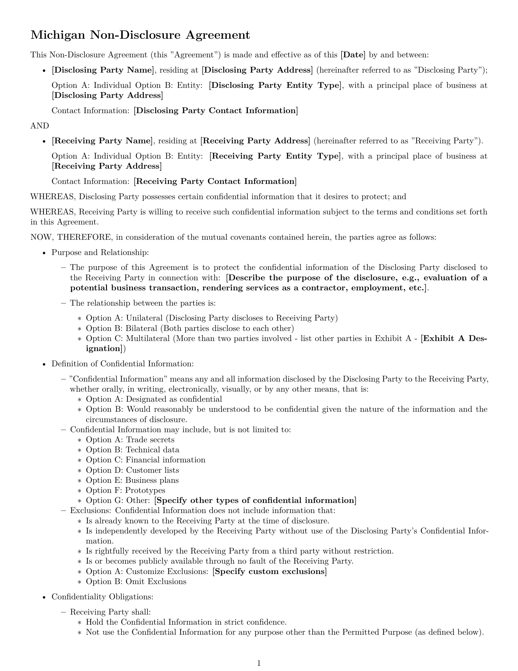 Preview page 1 of Free Michigan nda template