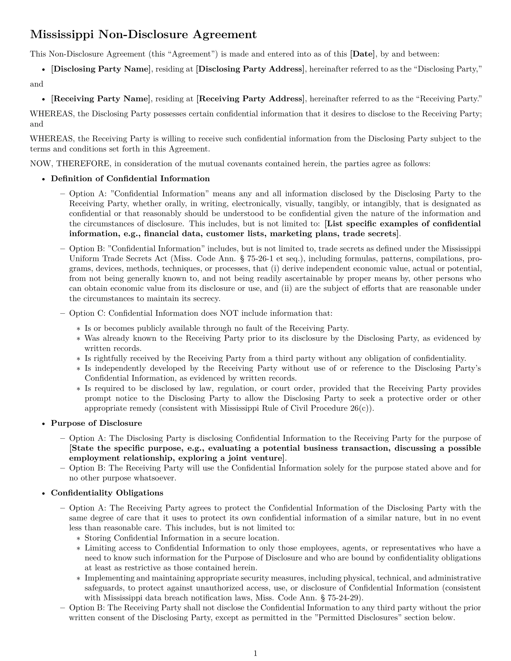 Preview page 1 of Free Mississippi nda template