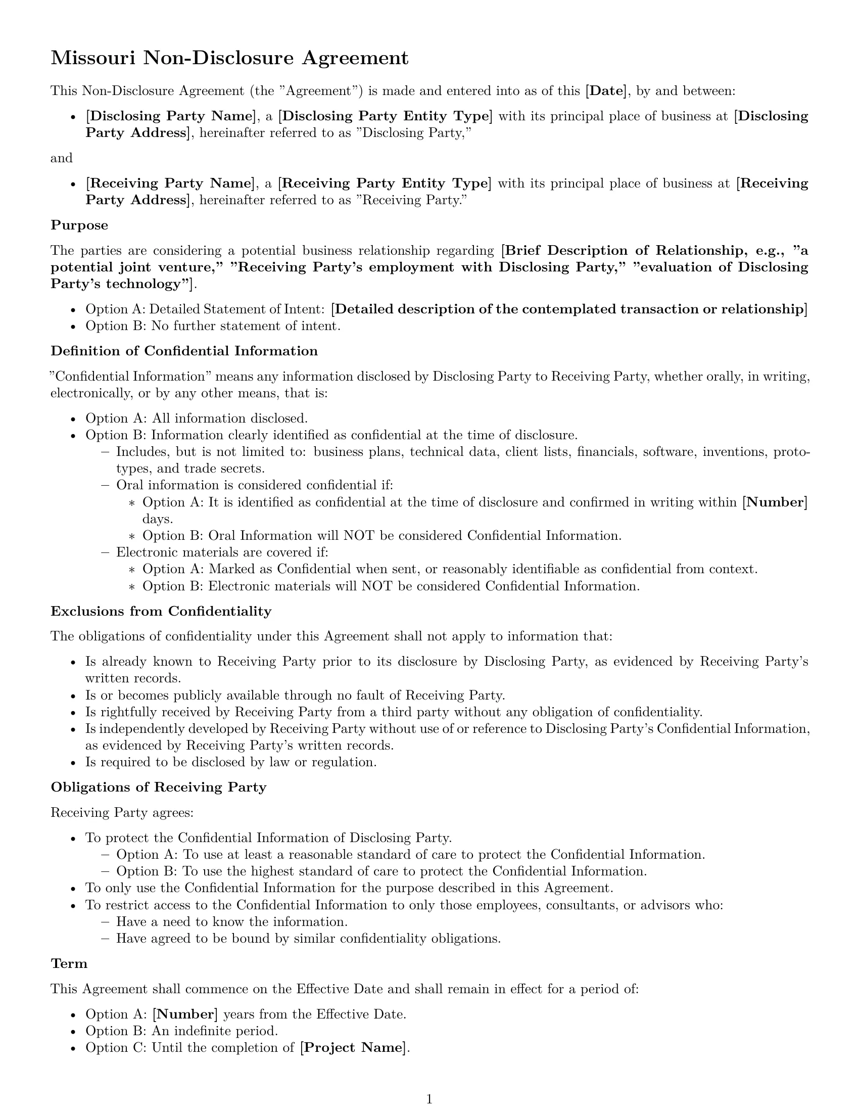 Preview page 1 of Free Missouri nda template
