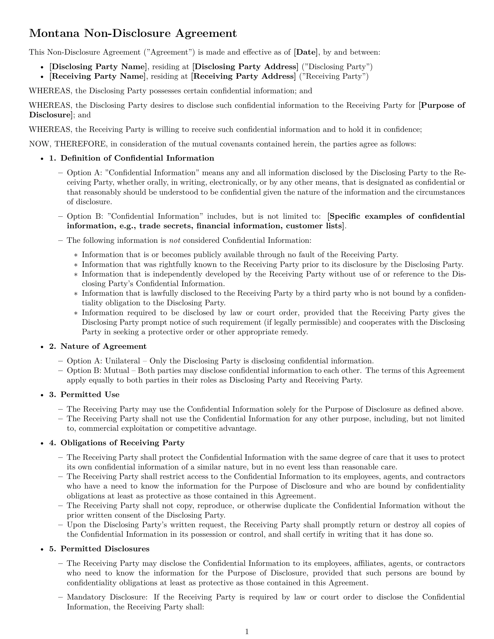 Preview page 1 of Free Montana nda template