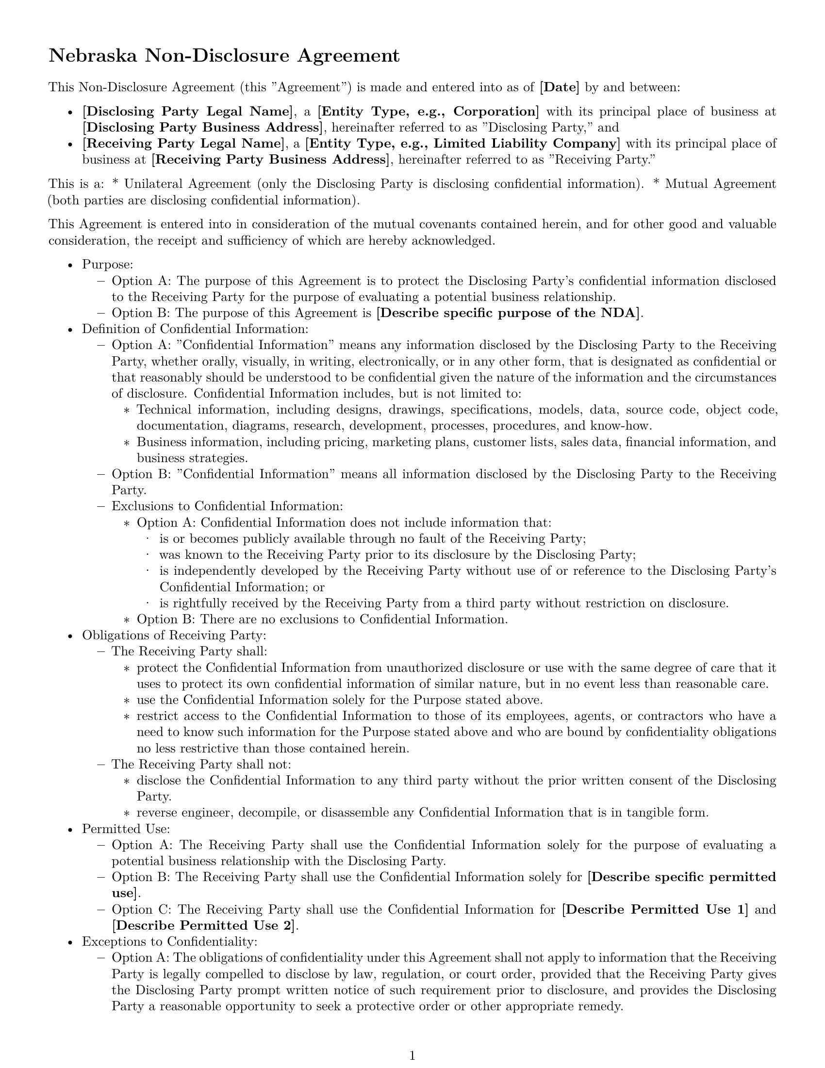 Preview page 1 of Free Nebraska nda template