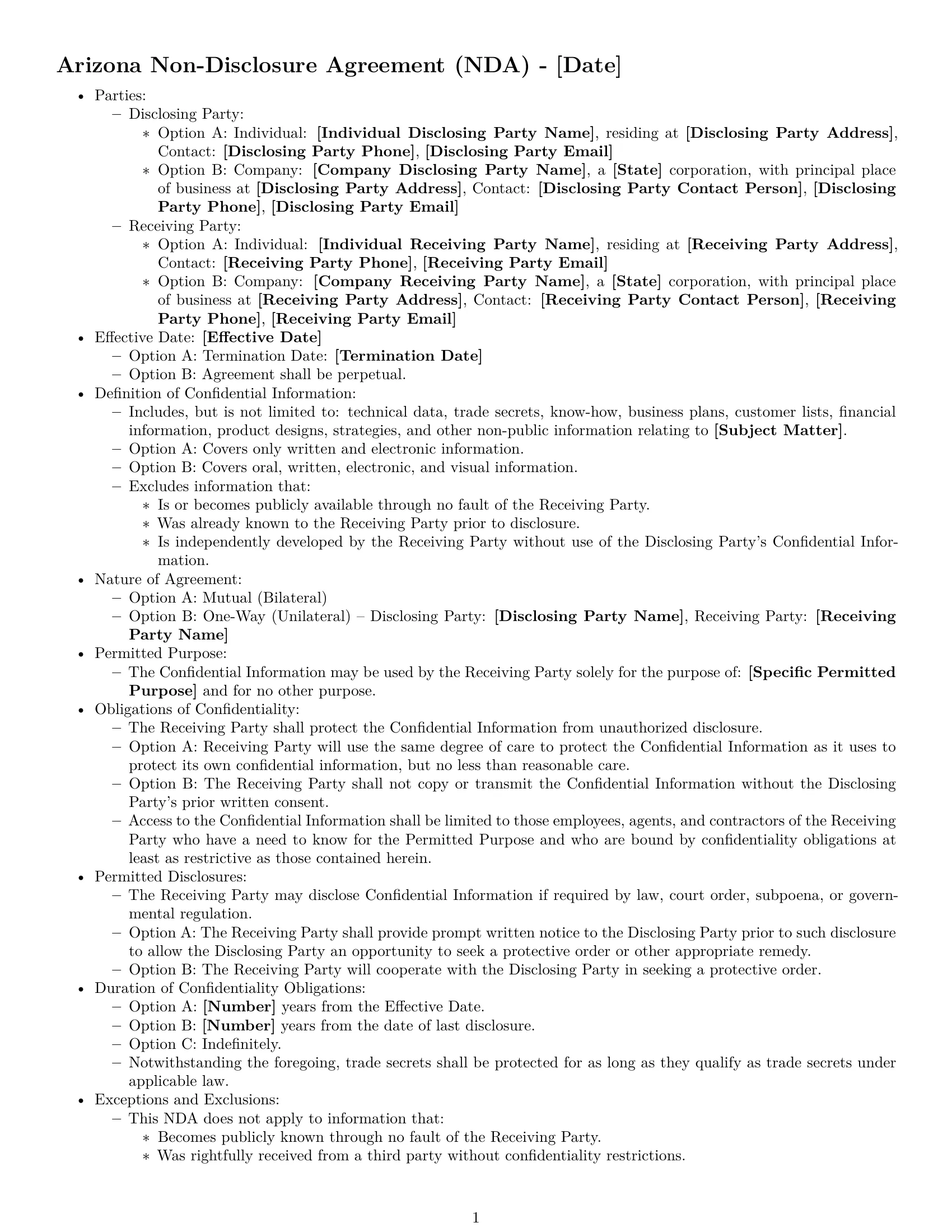 Preview page 1 of Free Arizona nda template