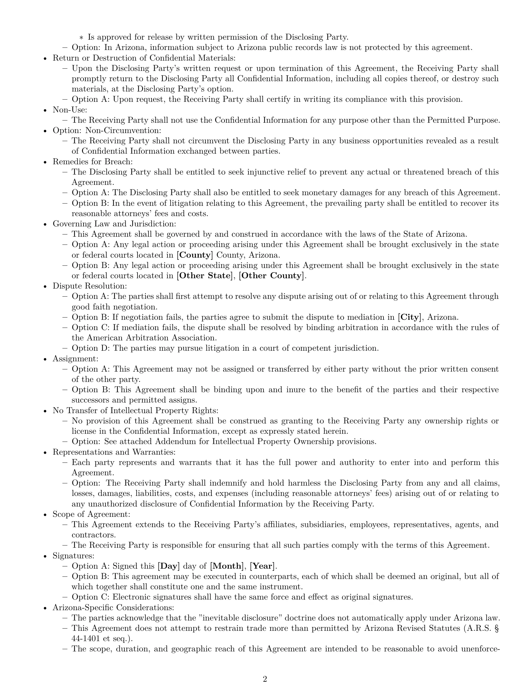 Preview page 2 of Free Arizona nda template