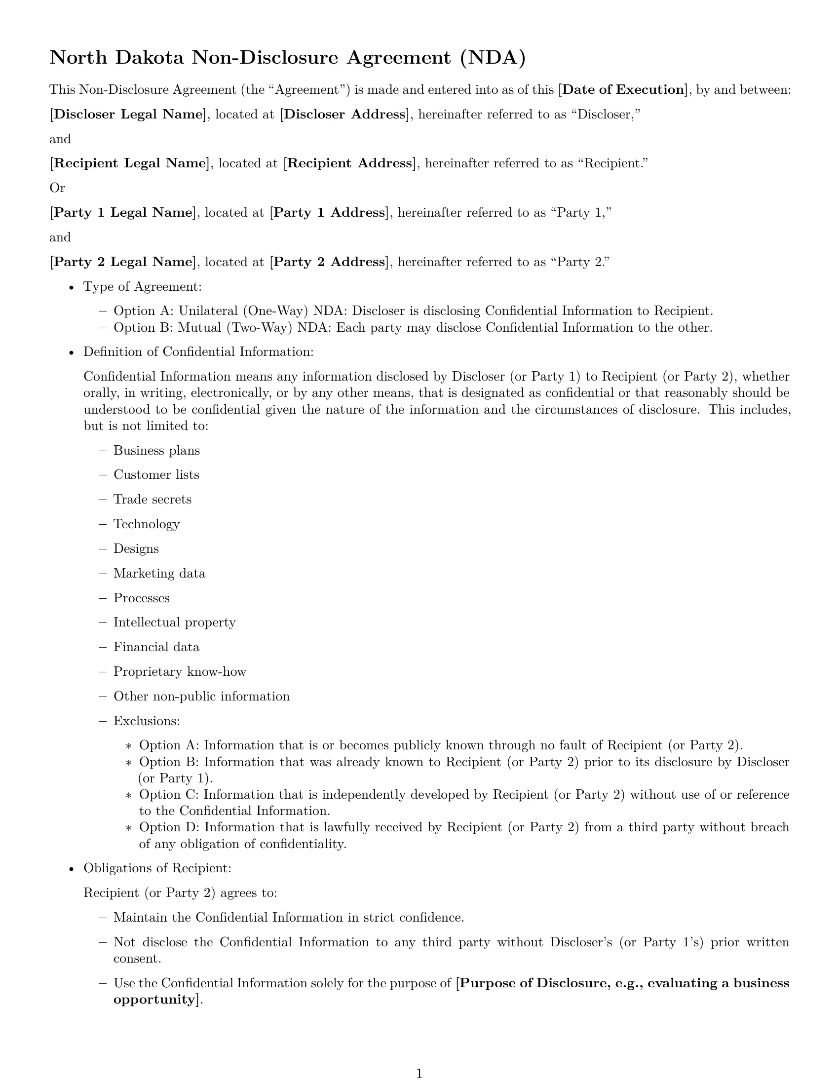 Preview page 1 of Free North Dakota nda template
