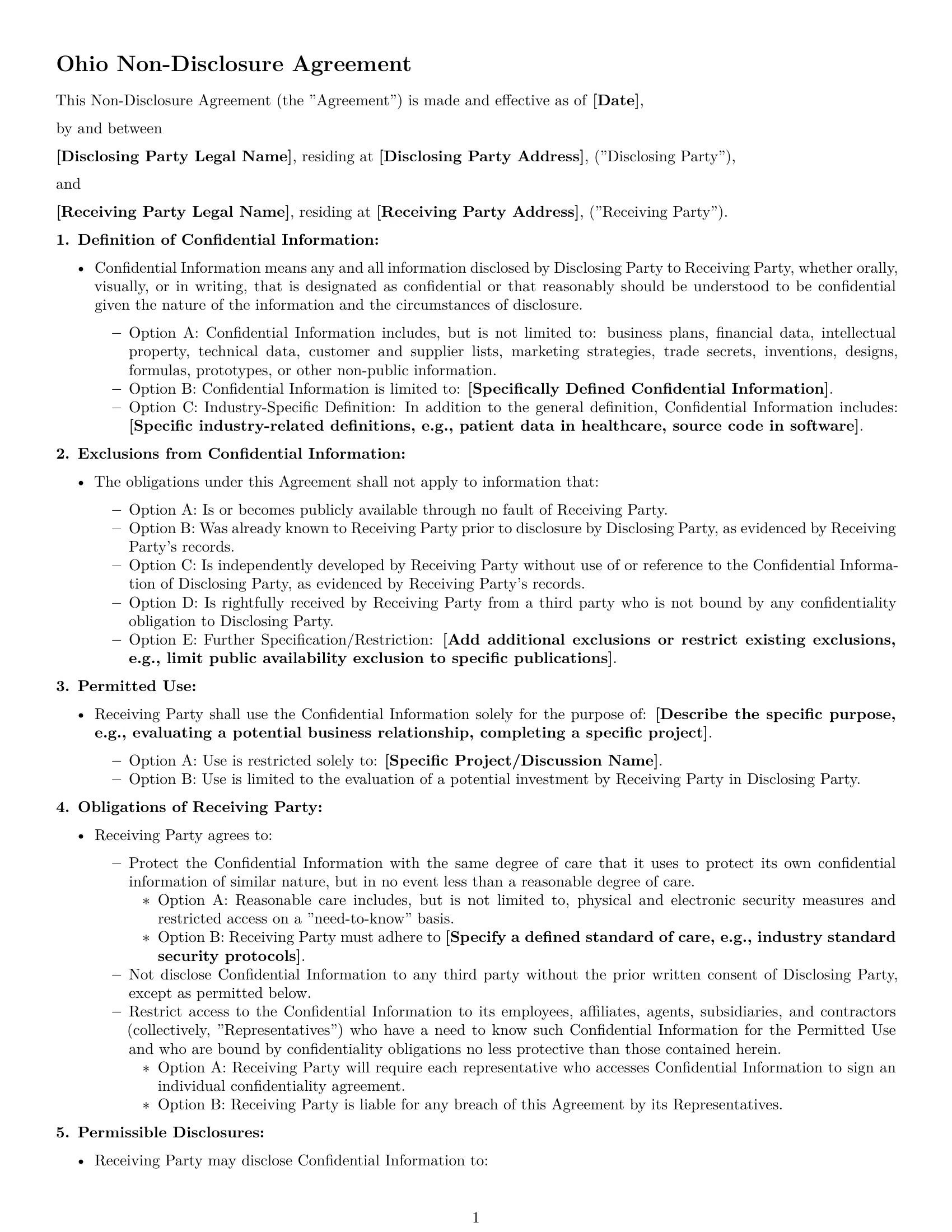 Preview page 1 of Free Ohio nda template
