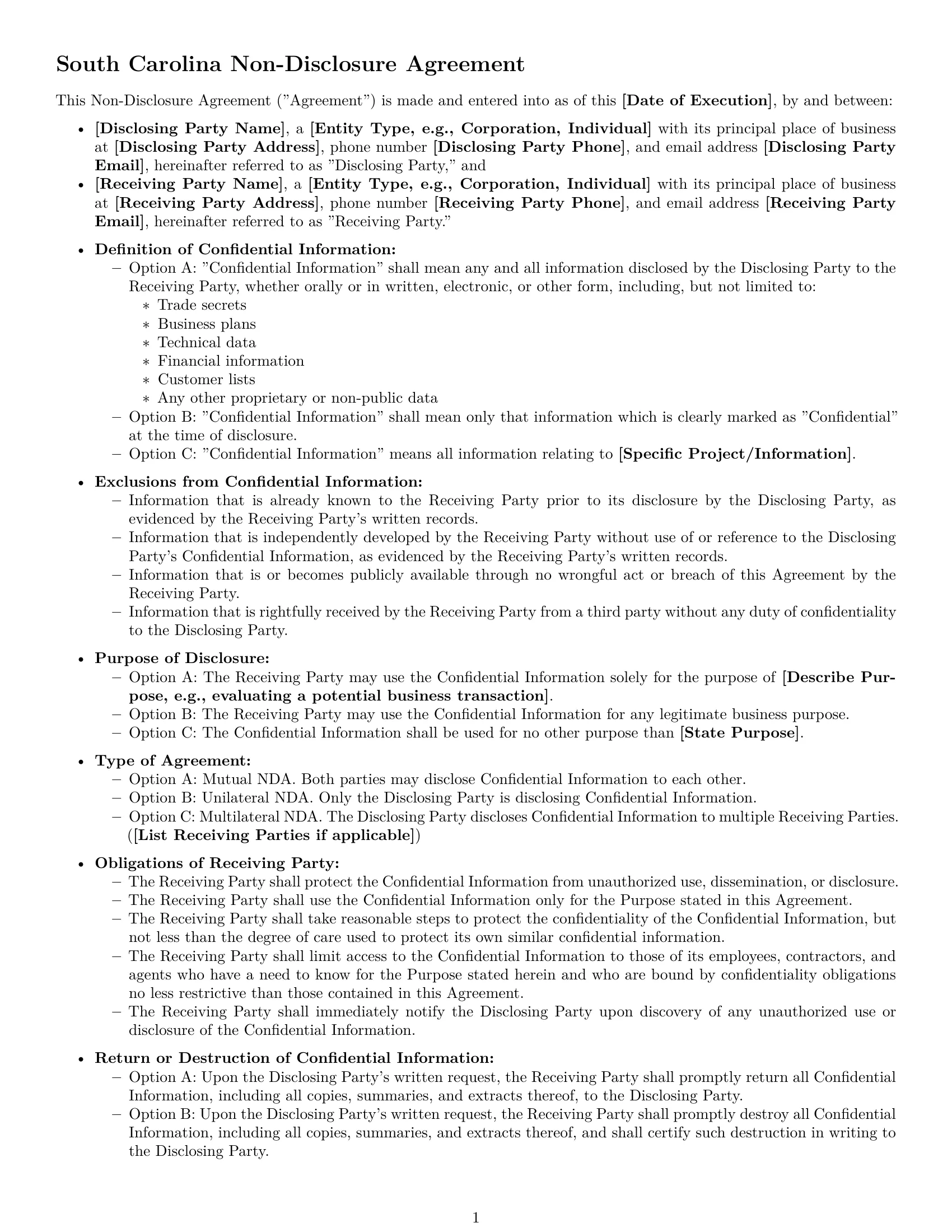 Preview page 1 of Free South Carolina nda template