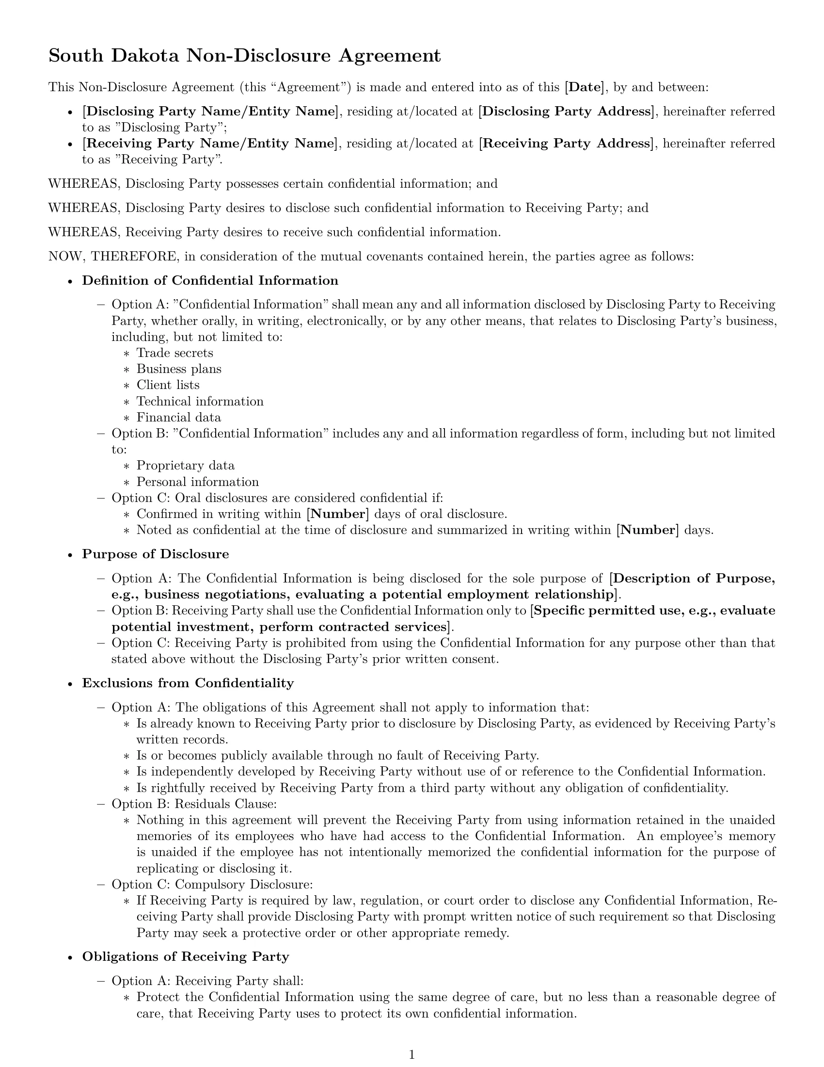 Preview page 1 of Free South Dakota nda template