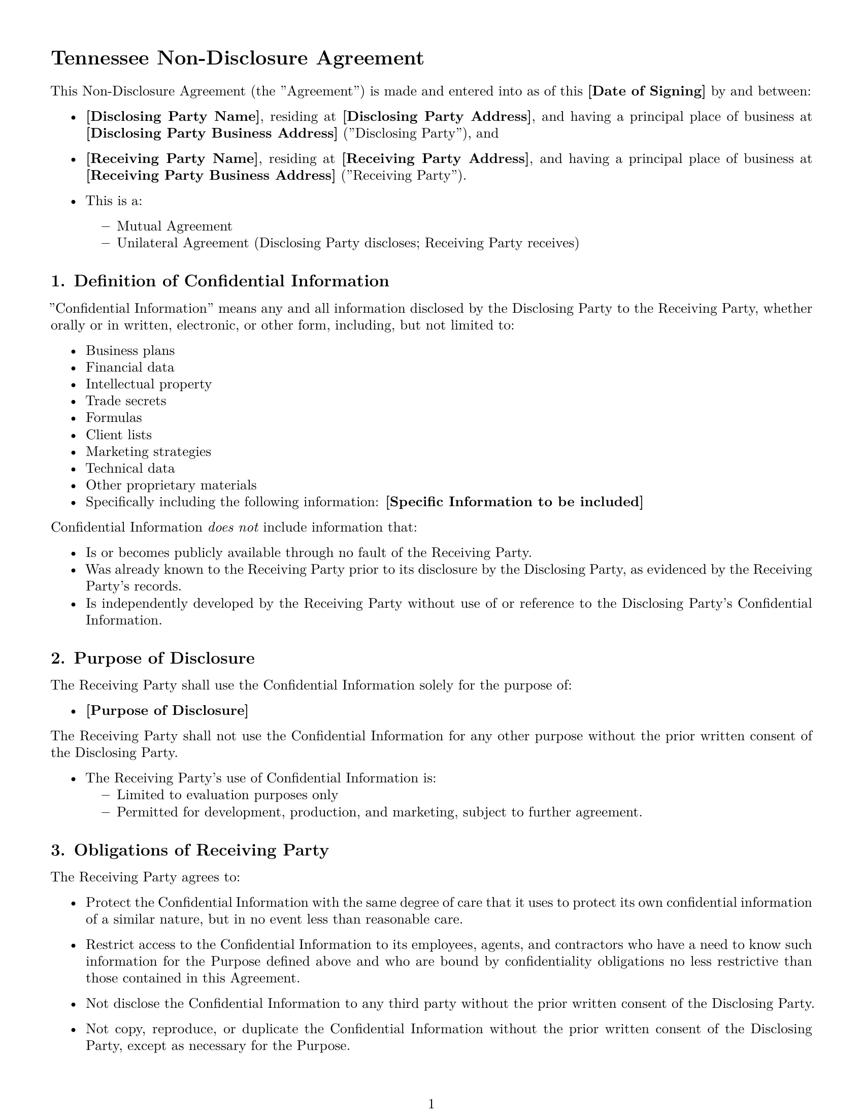 Preview page 1 of Free Tennessee nda template