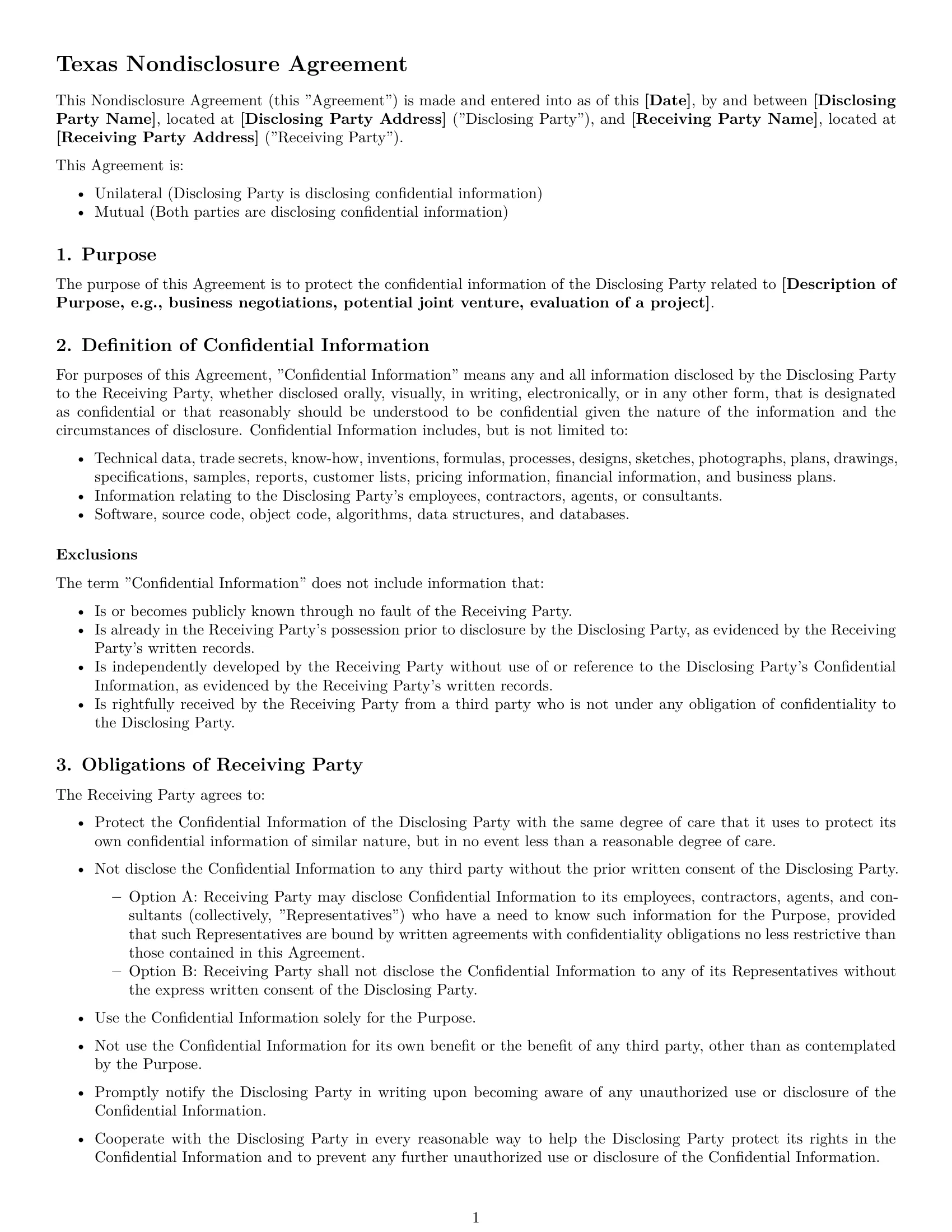 Preview page 1 of Free Texas nda template