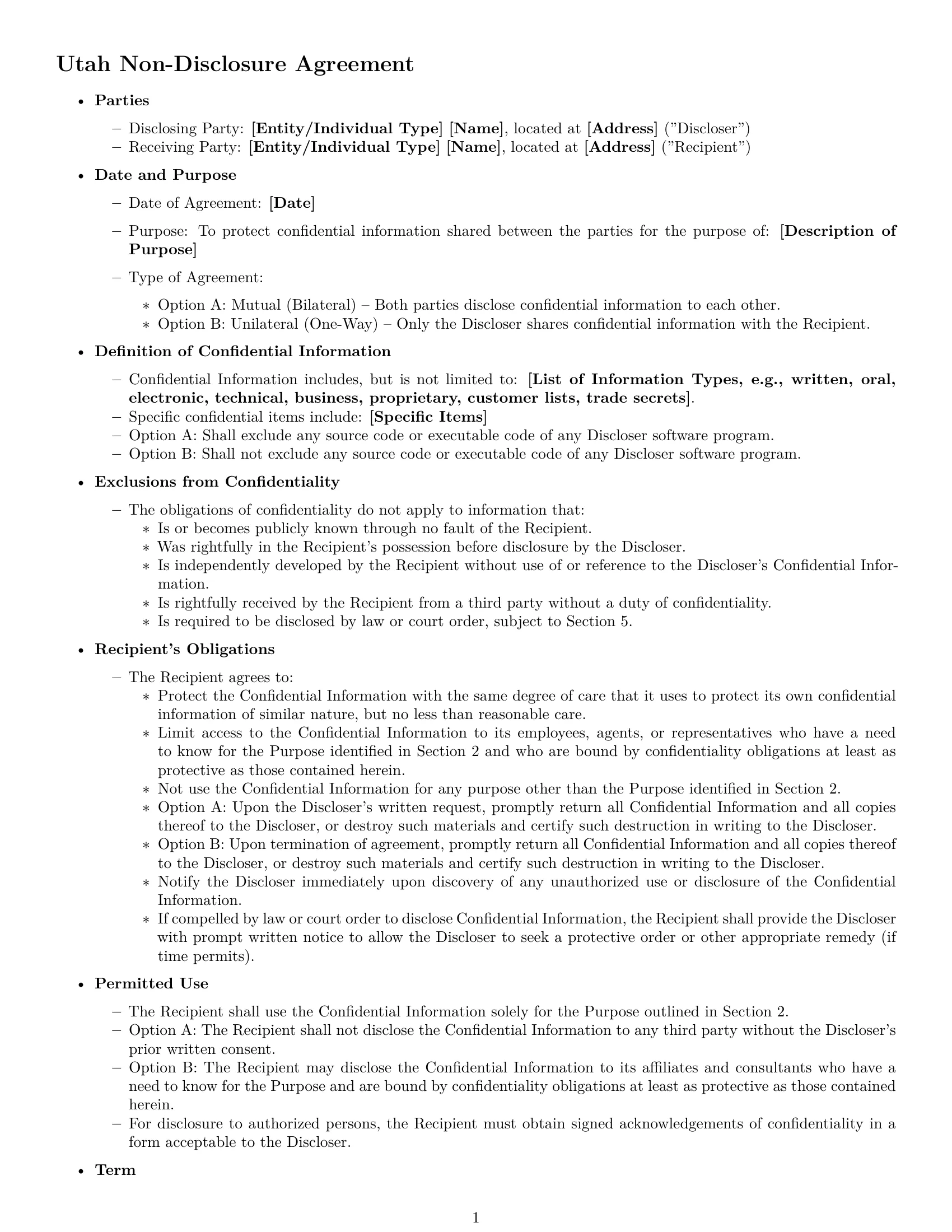 Preview page 1 of Free Utah nda template