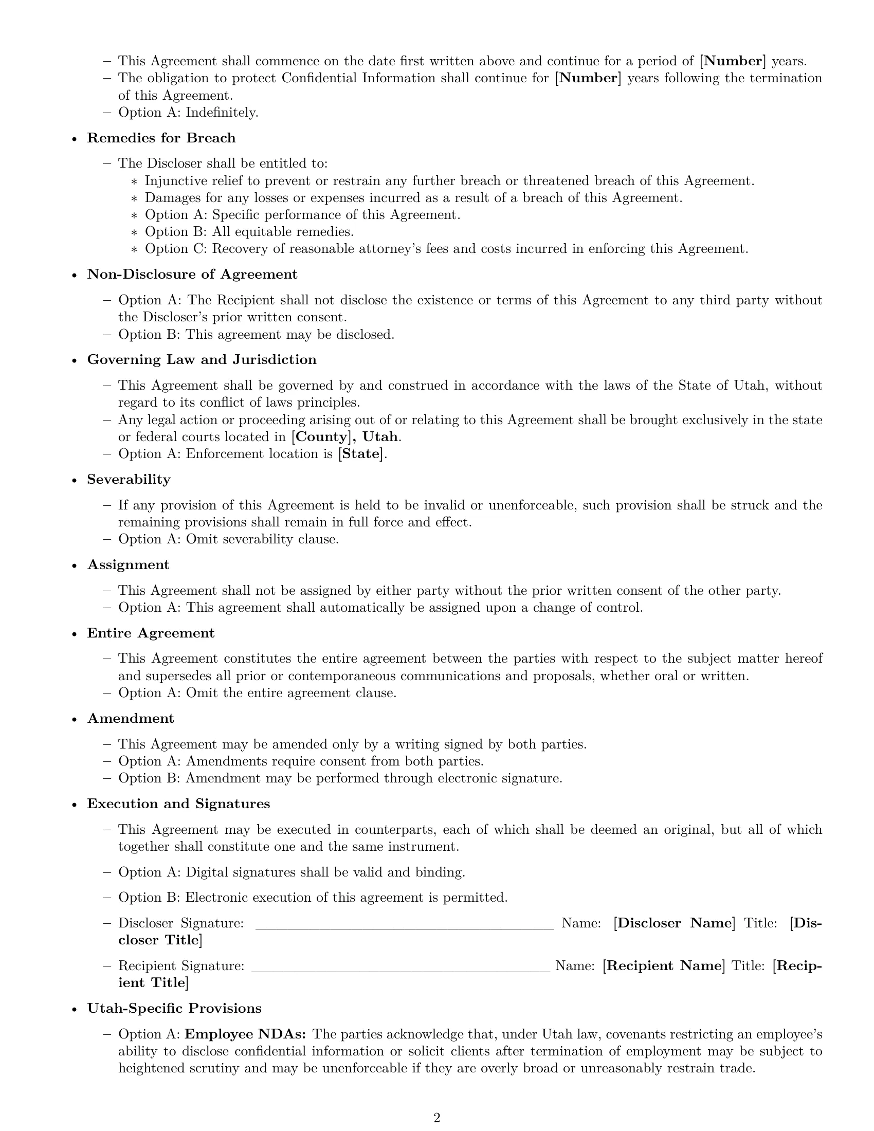 Preview page 2 of Free Utah nda template