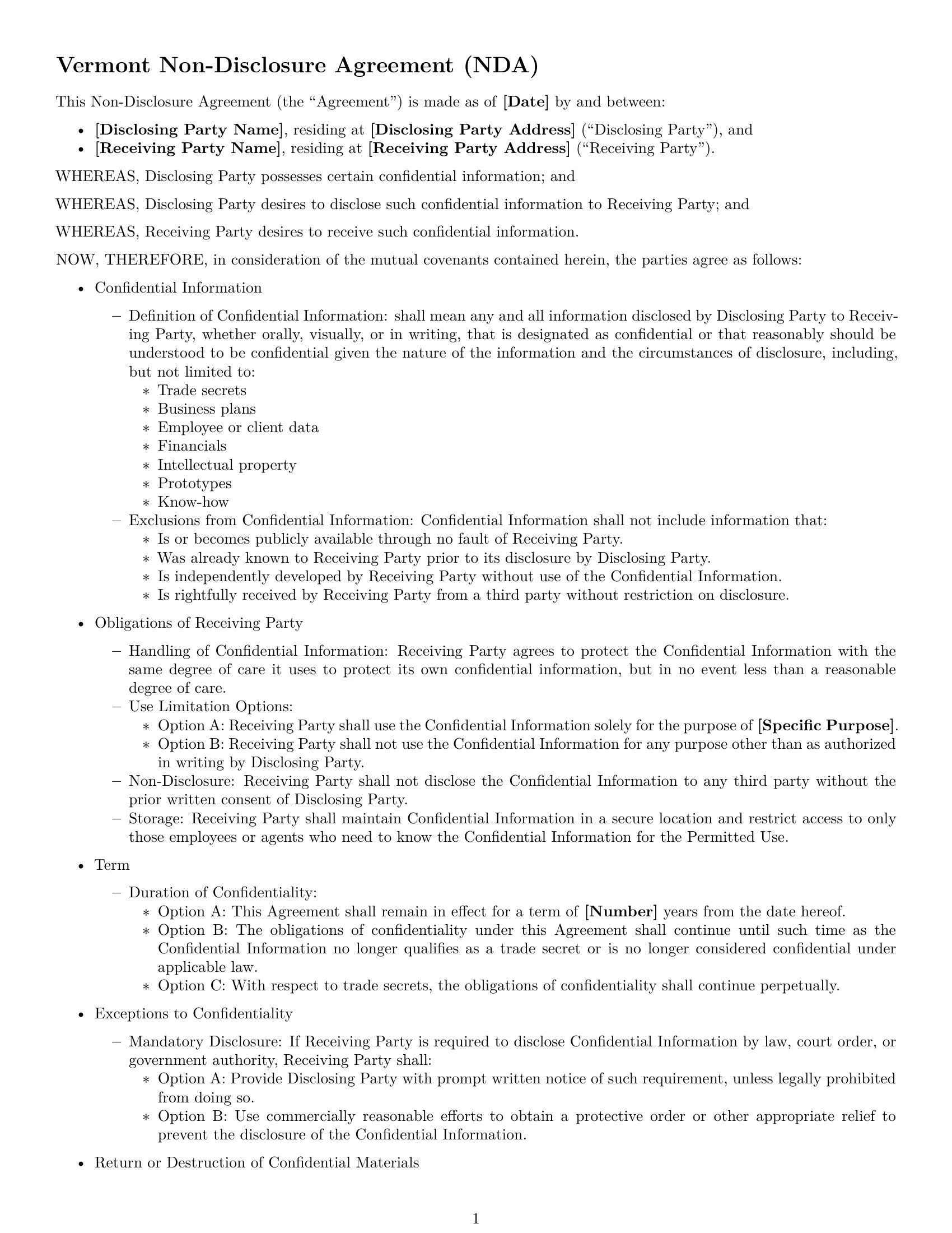 Preview page 1 of Free Vermont nda template