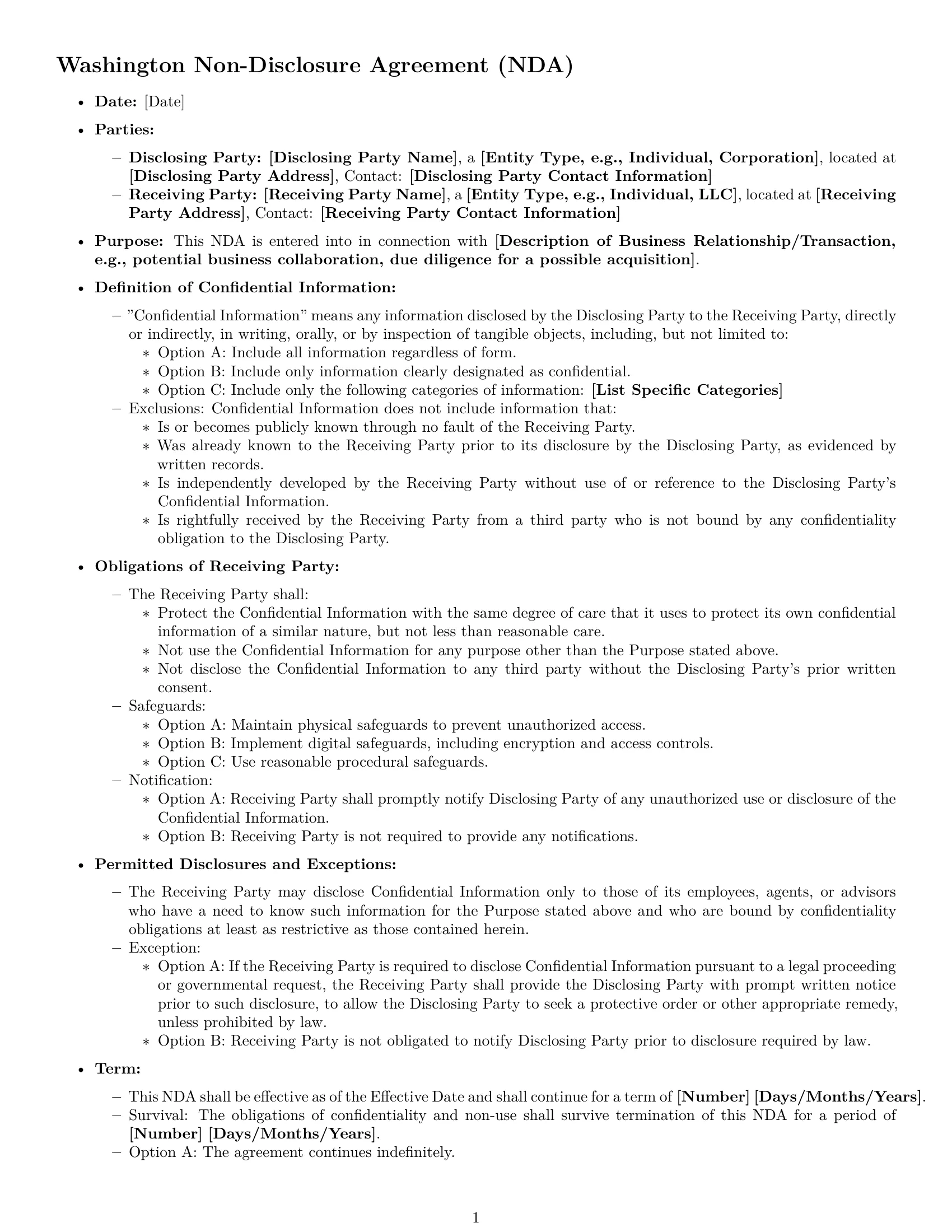 Preview page 1 of Free Washington nda template