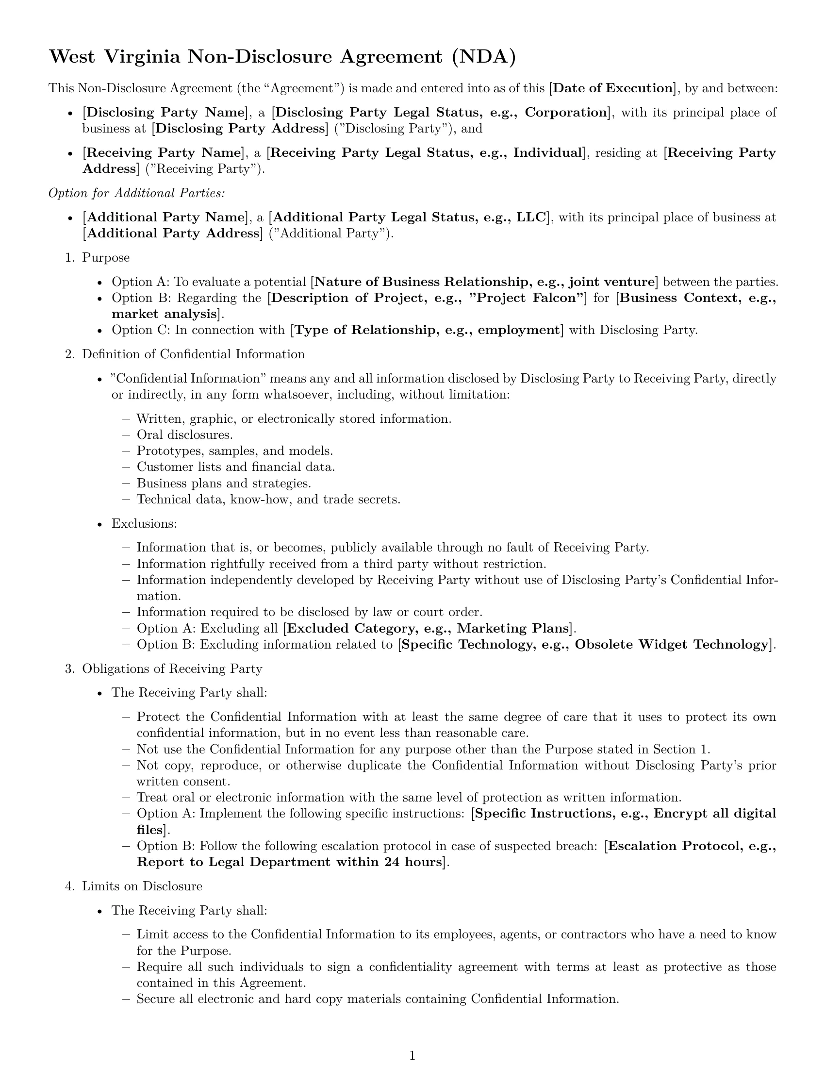 Preview page 1 of Free West Virginia nda template