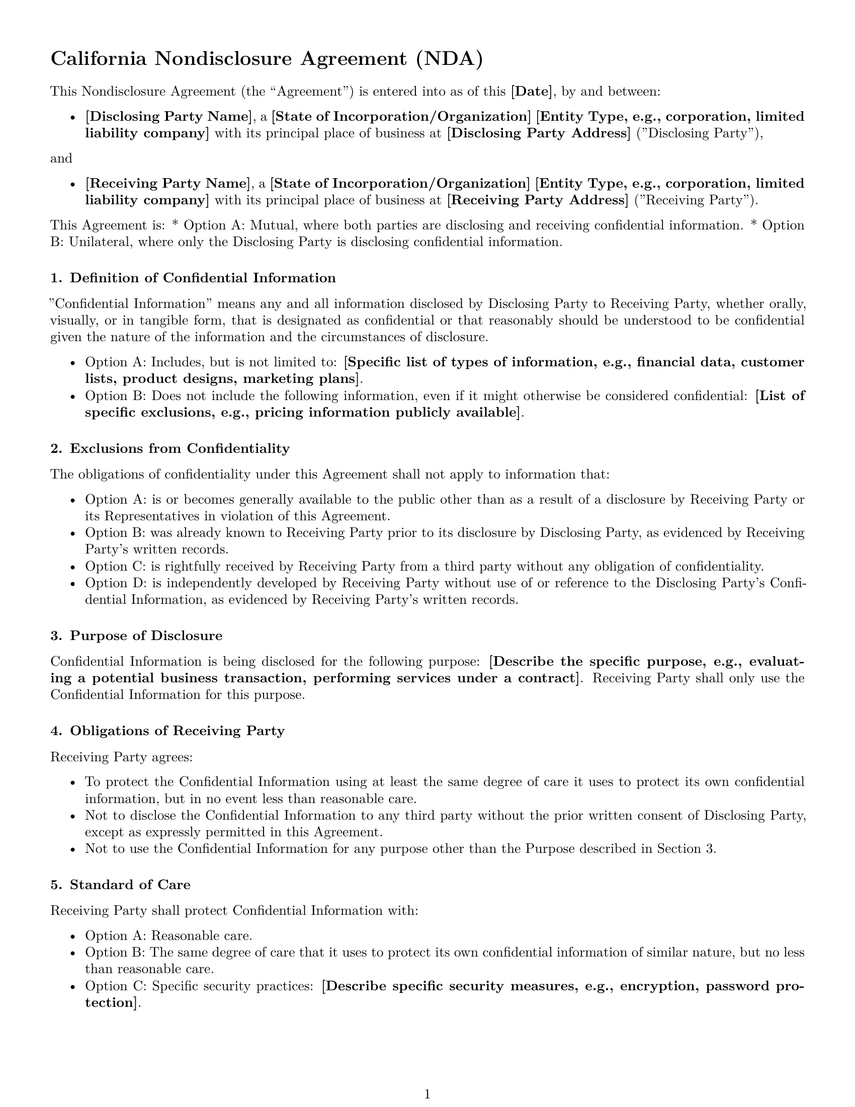 Preview page 1 of Free California nda template