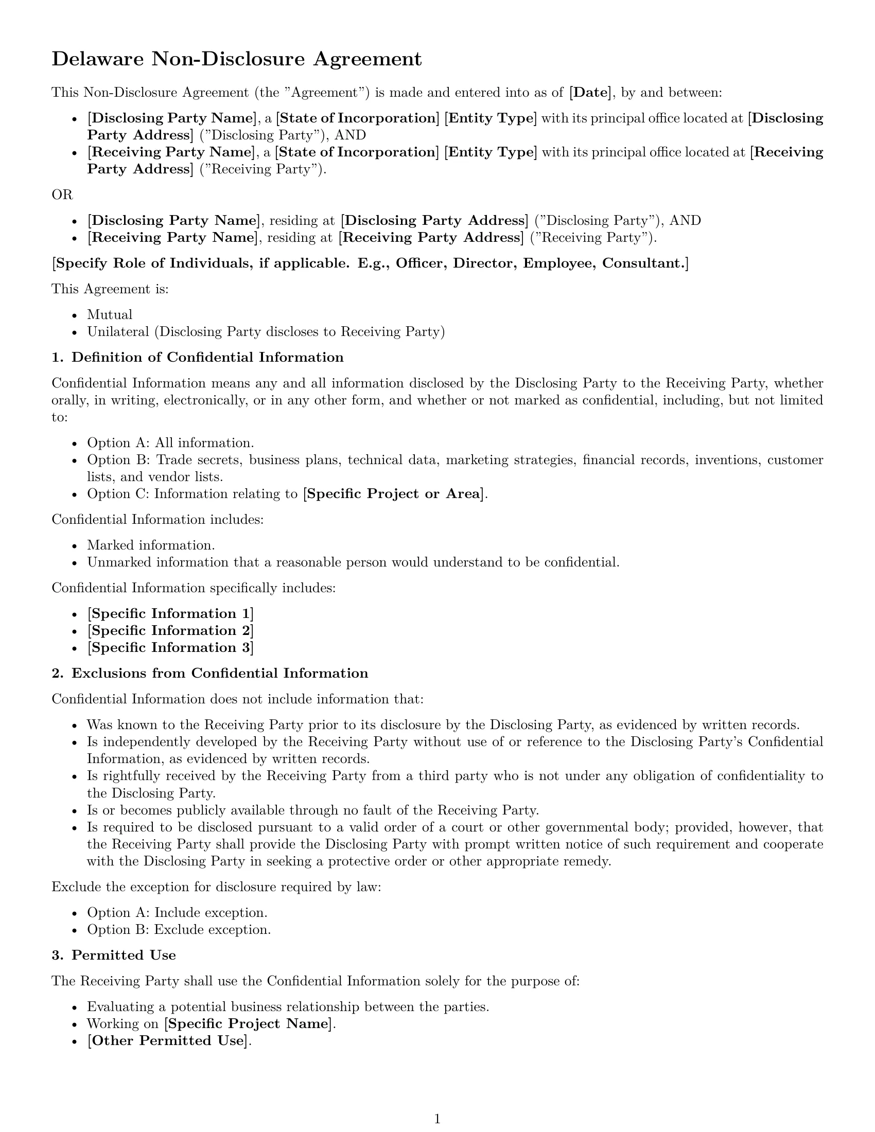 Preview page 1 of Free Delaware nda template