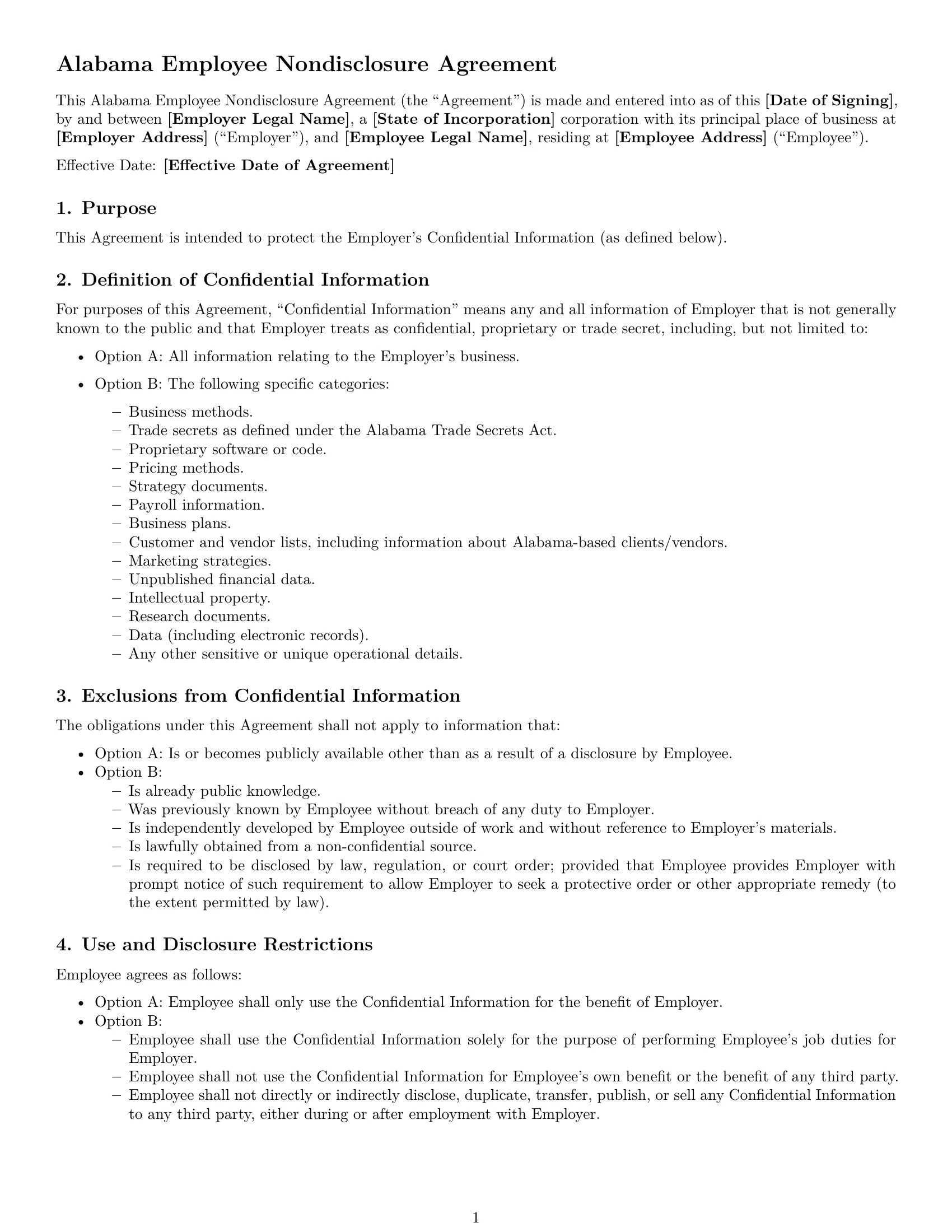 Preview page 1 of Free Alabama employee nda template