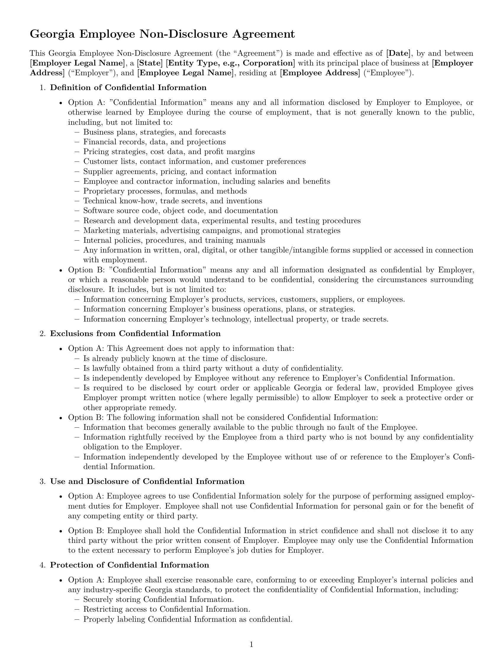 Preview page 1 of Free Georgia employee nda template