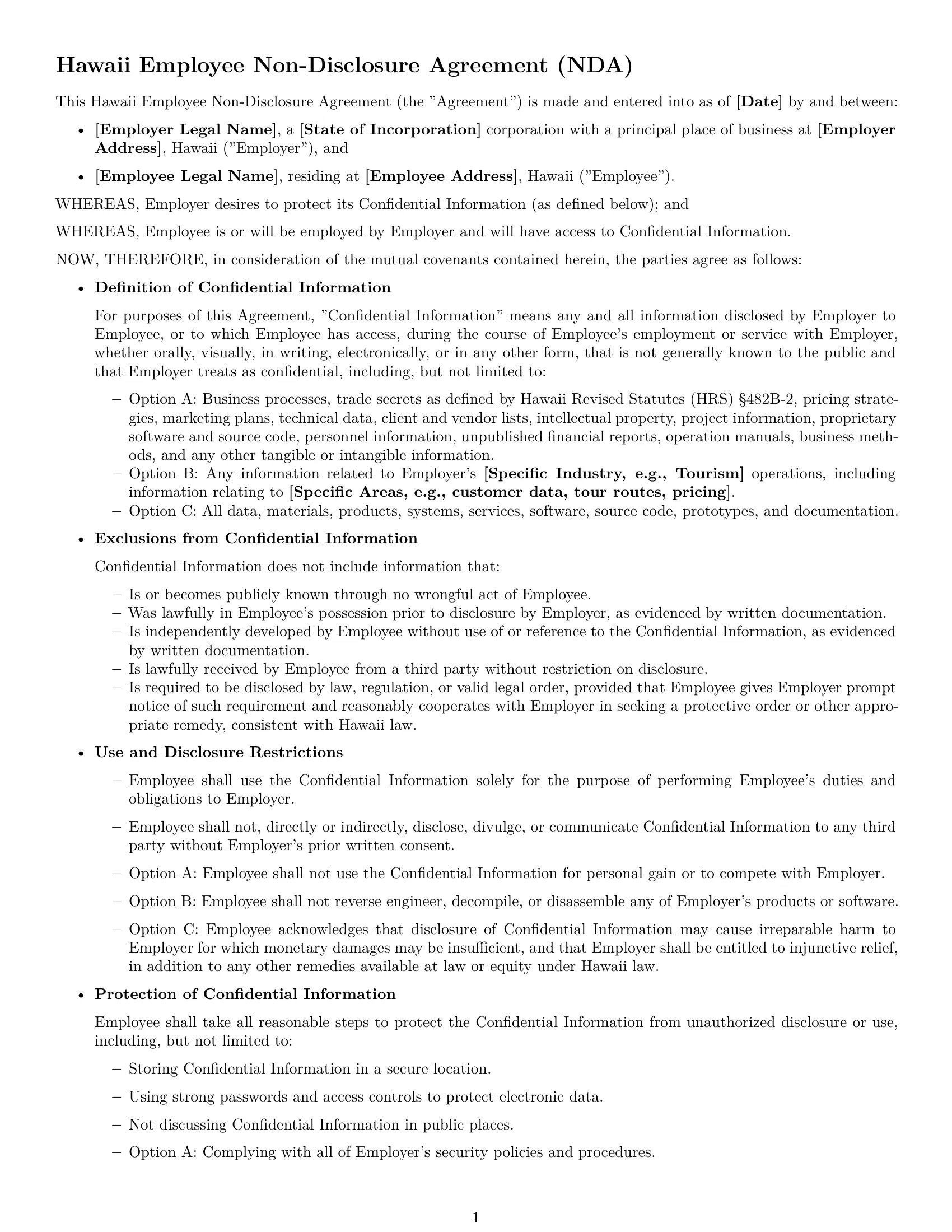 Preview page 1 of Free Hawaii employee nda template