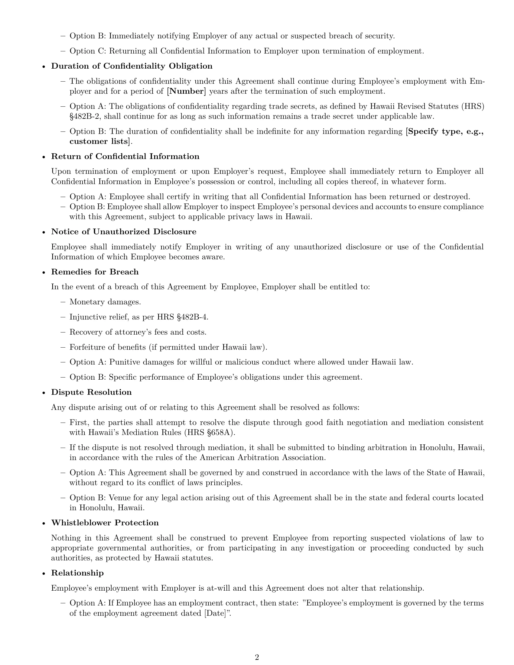 Preview page 2 of Free Hawaii employee nda template