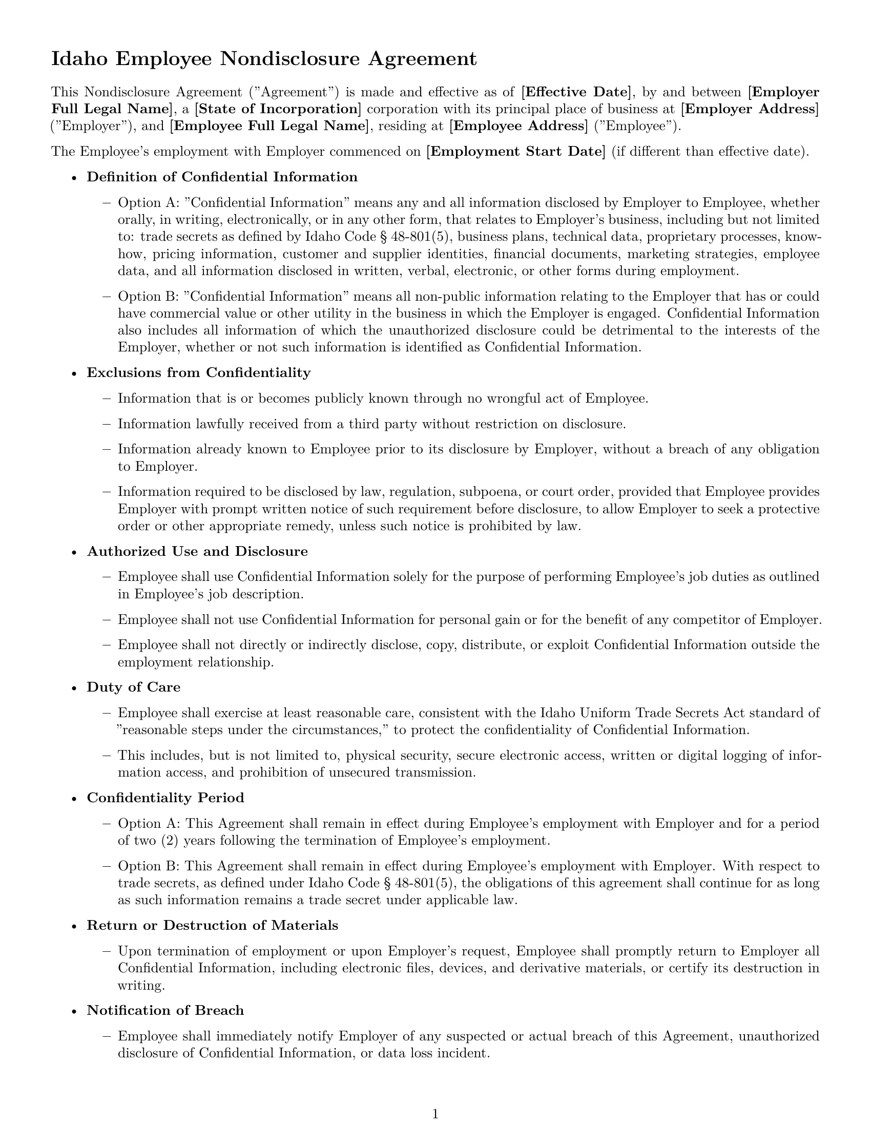 Preview page 1 of Free Idaho employee nda template