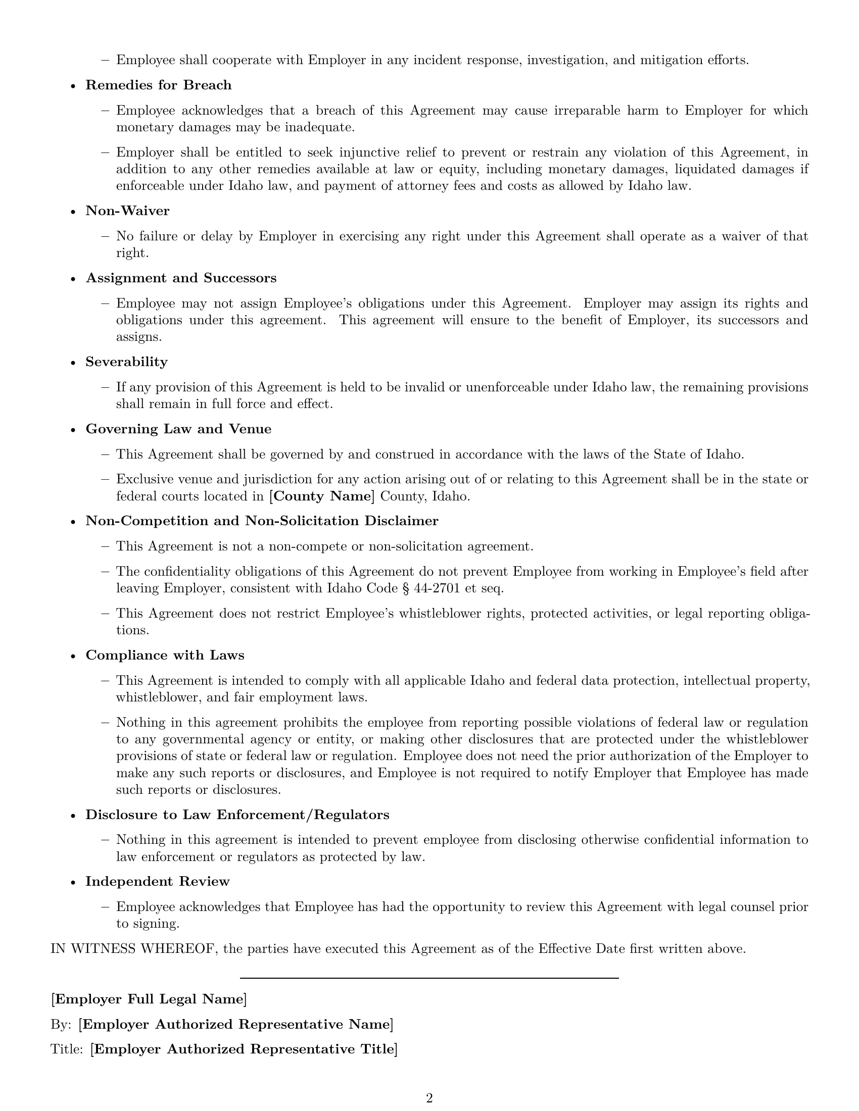 Preview page 2 of Free Idaho employee nda template