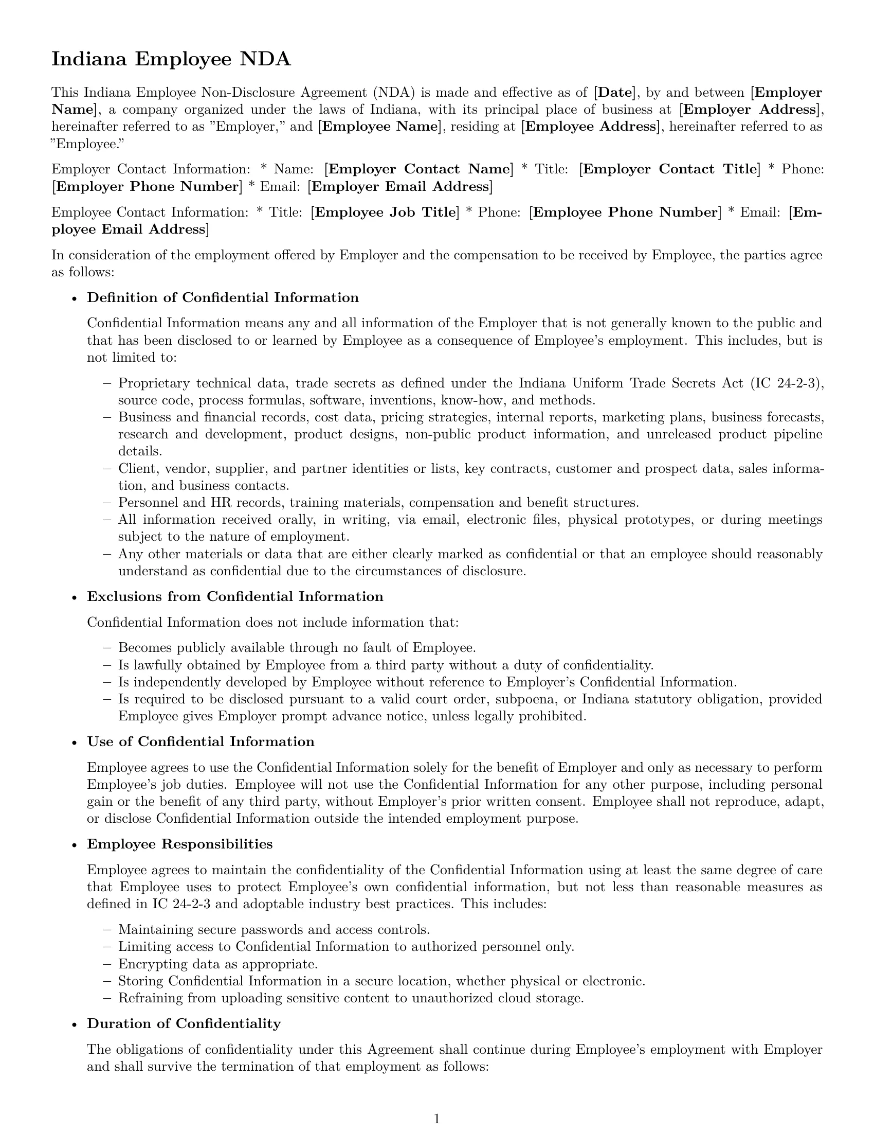 Preview page 1 of Free Indiana employee nda template