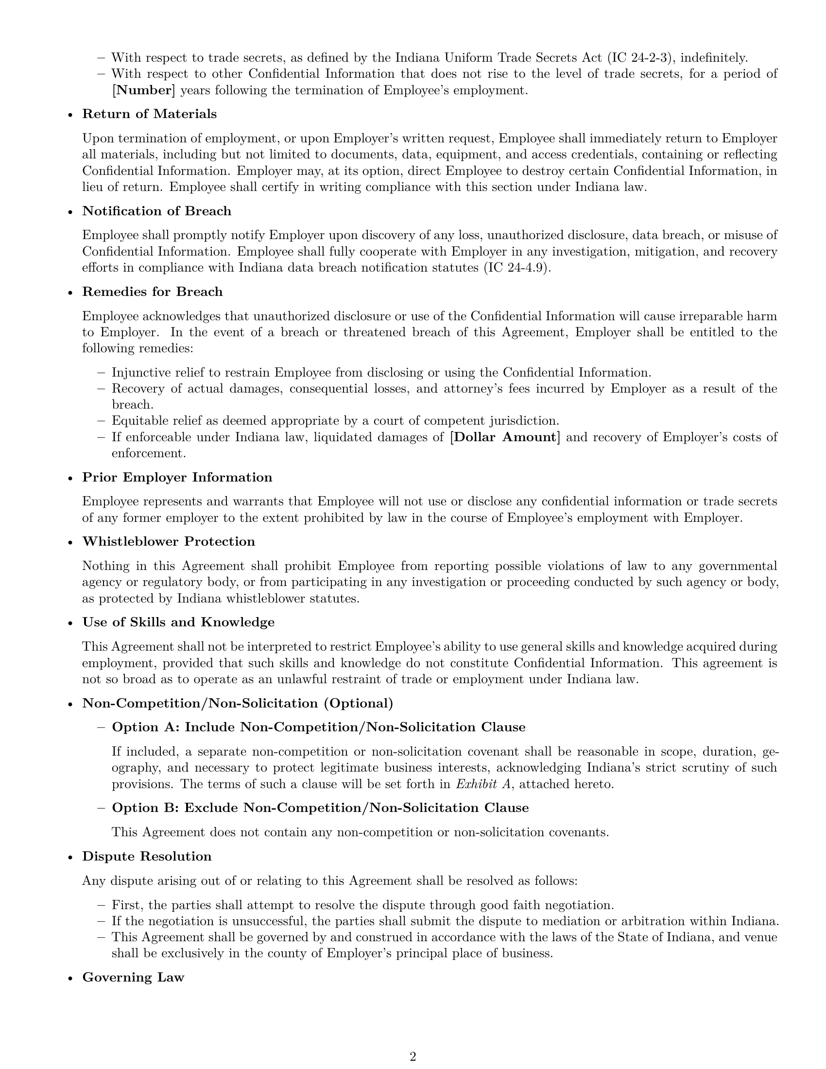 Preview page 2 of Free Indiana employee nda template