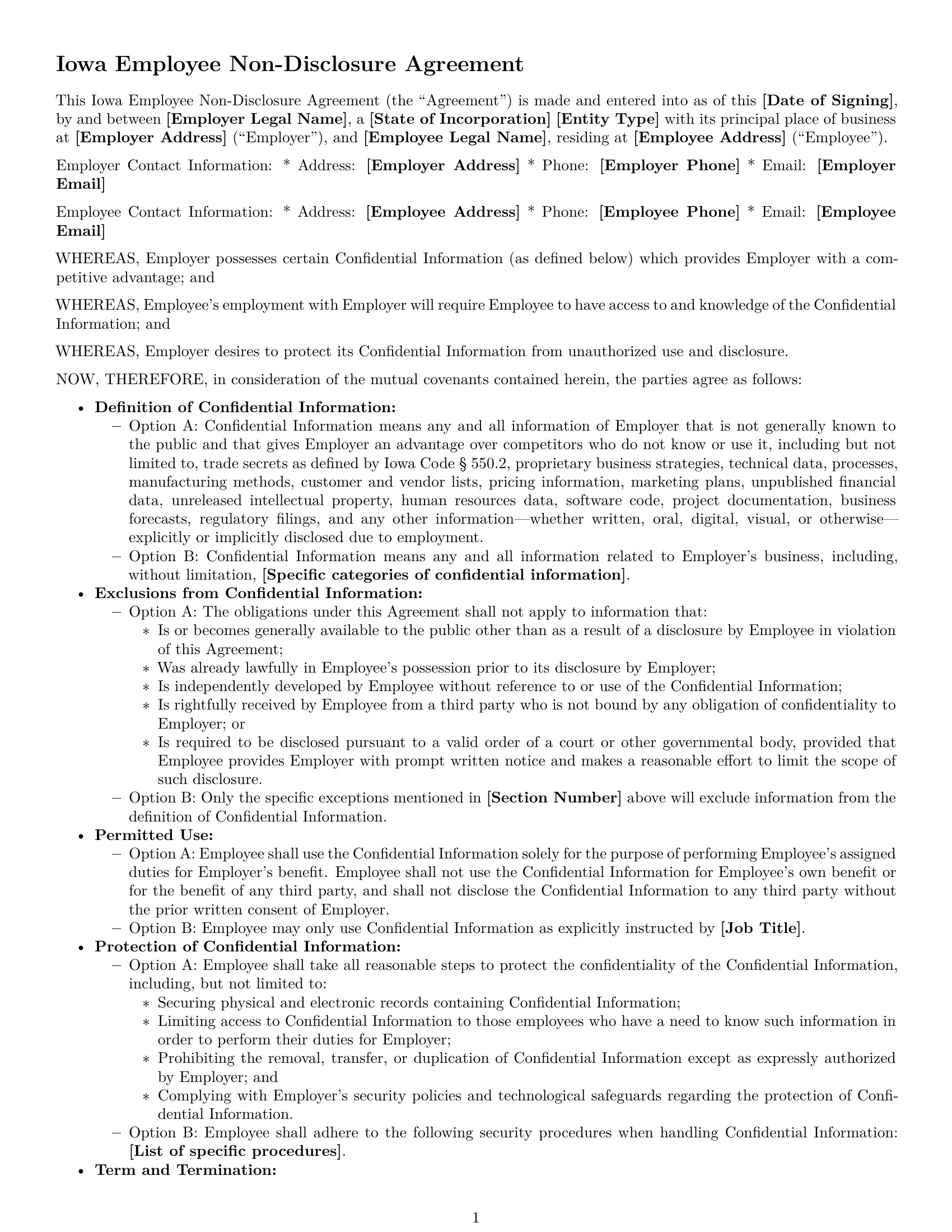 Preview page 1 of Free Iowa employee nda template
