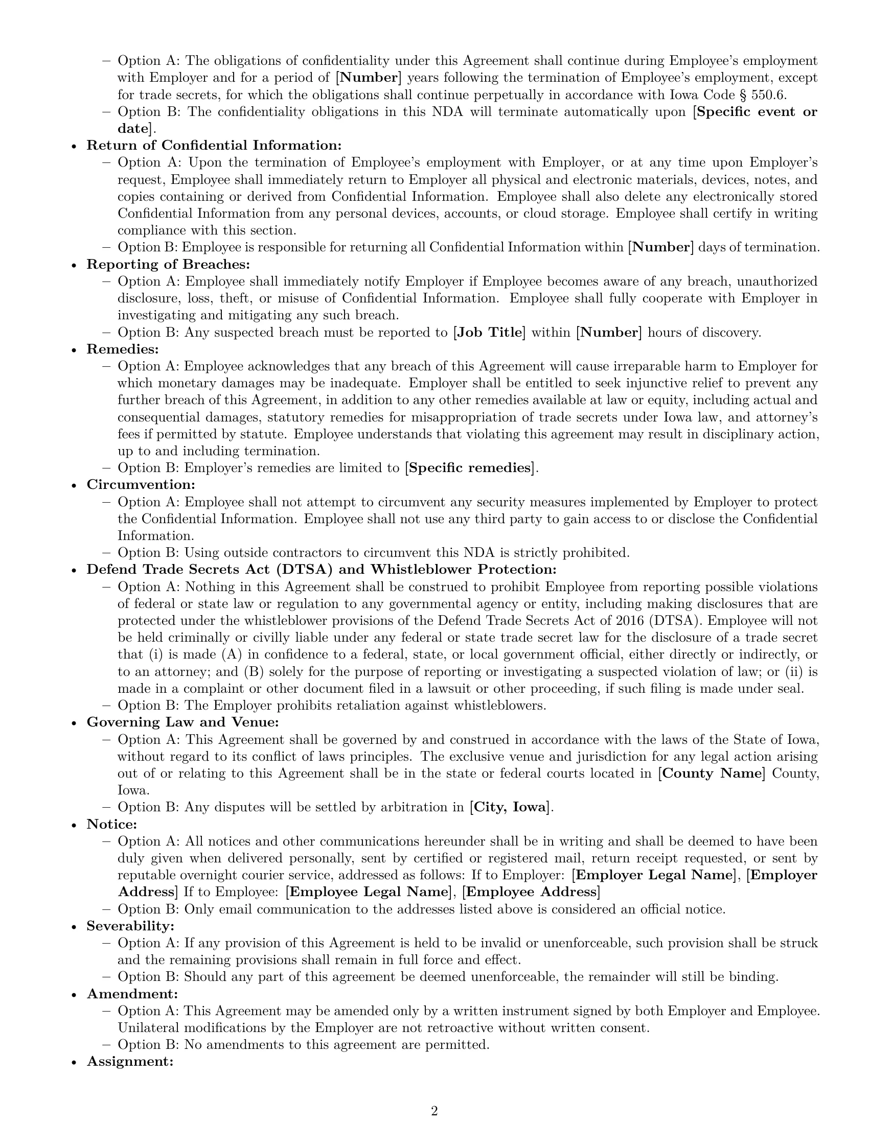 Preview page 2 of Free Iowa employee nda template