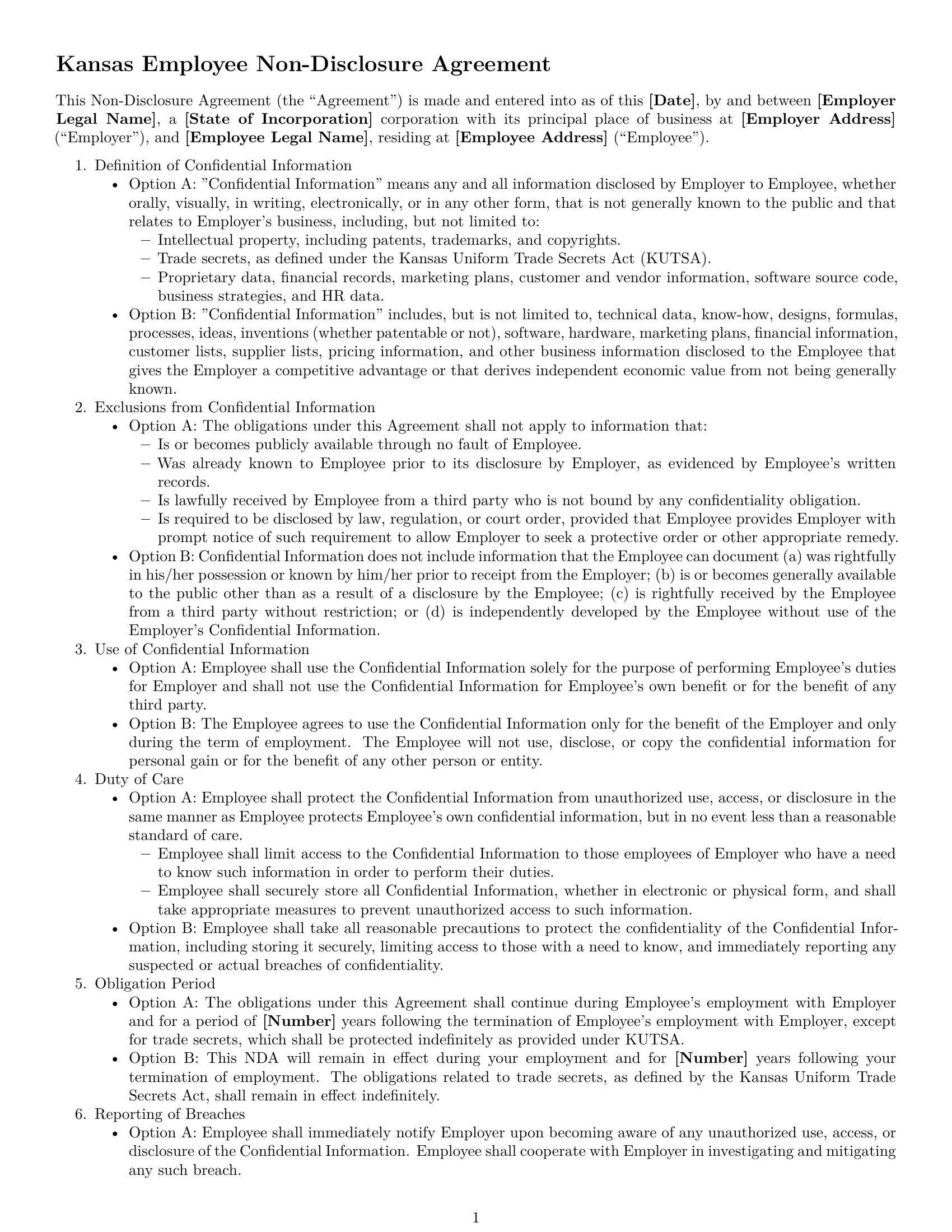 Preview page 1 of Free Kansas employee nda template