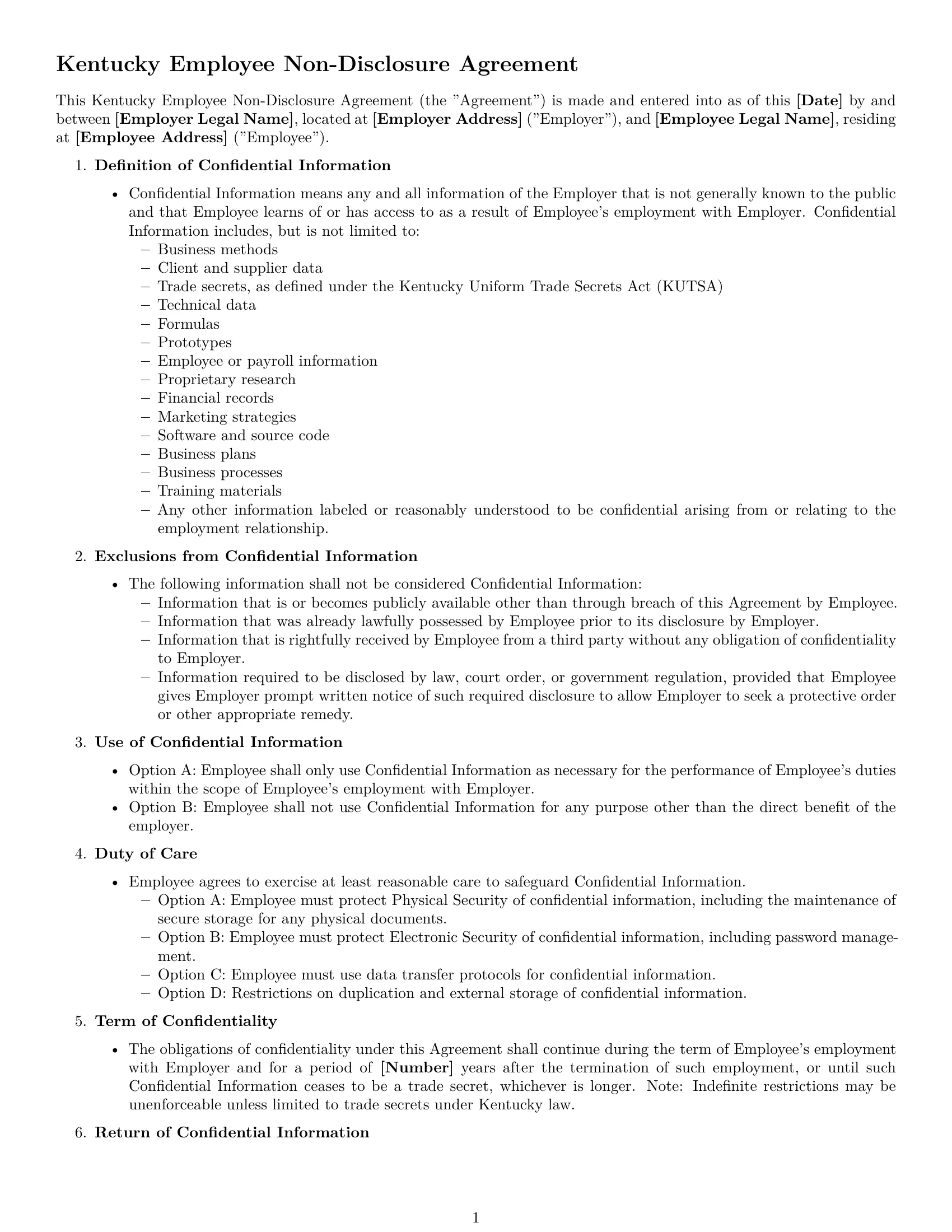 Preview page 1 of Free Kentucky employee nda template