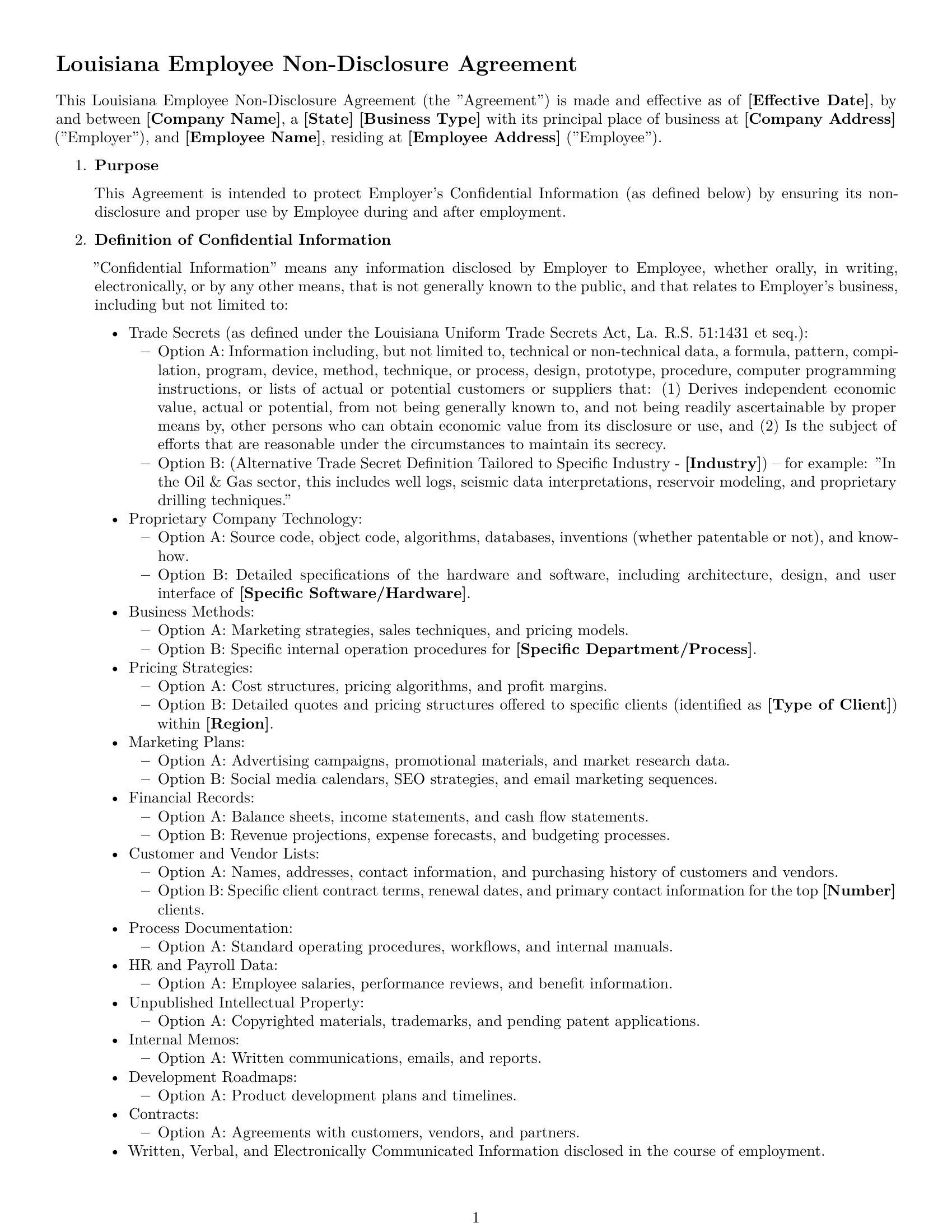 Preview page 1 of Free Louisiana employee nda template