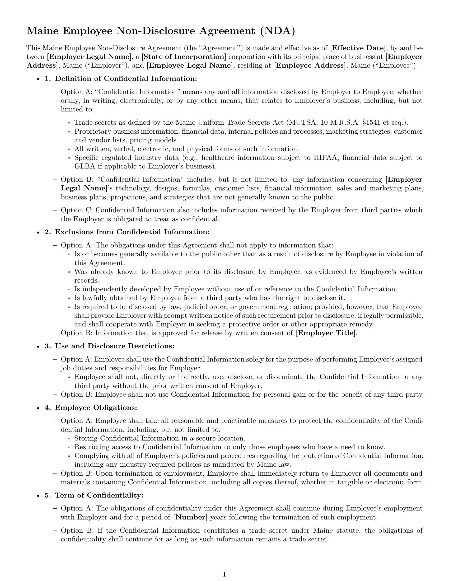 Preview page 1 of Free Maine employee nda template