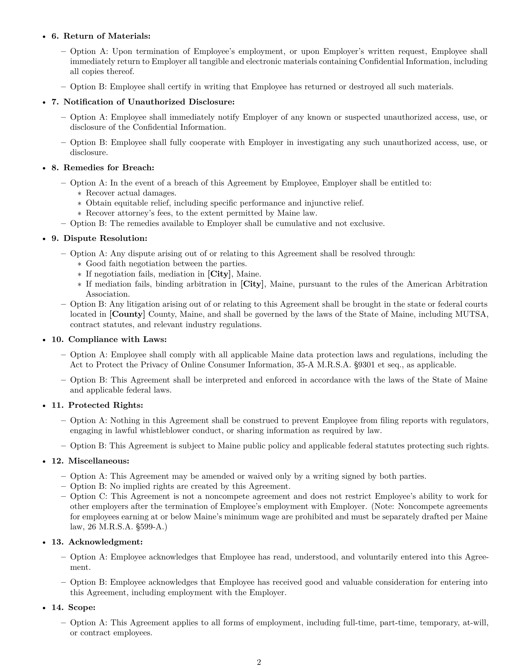 Preview page 2 of Free Maine employee nda template