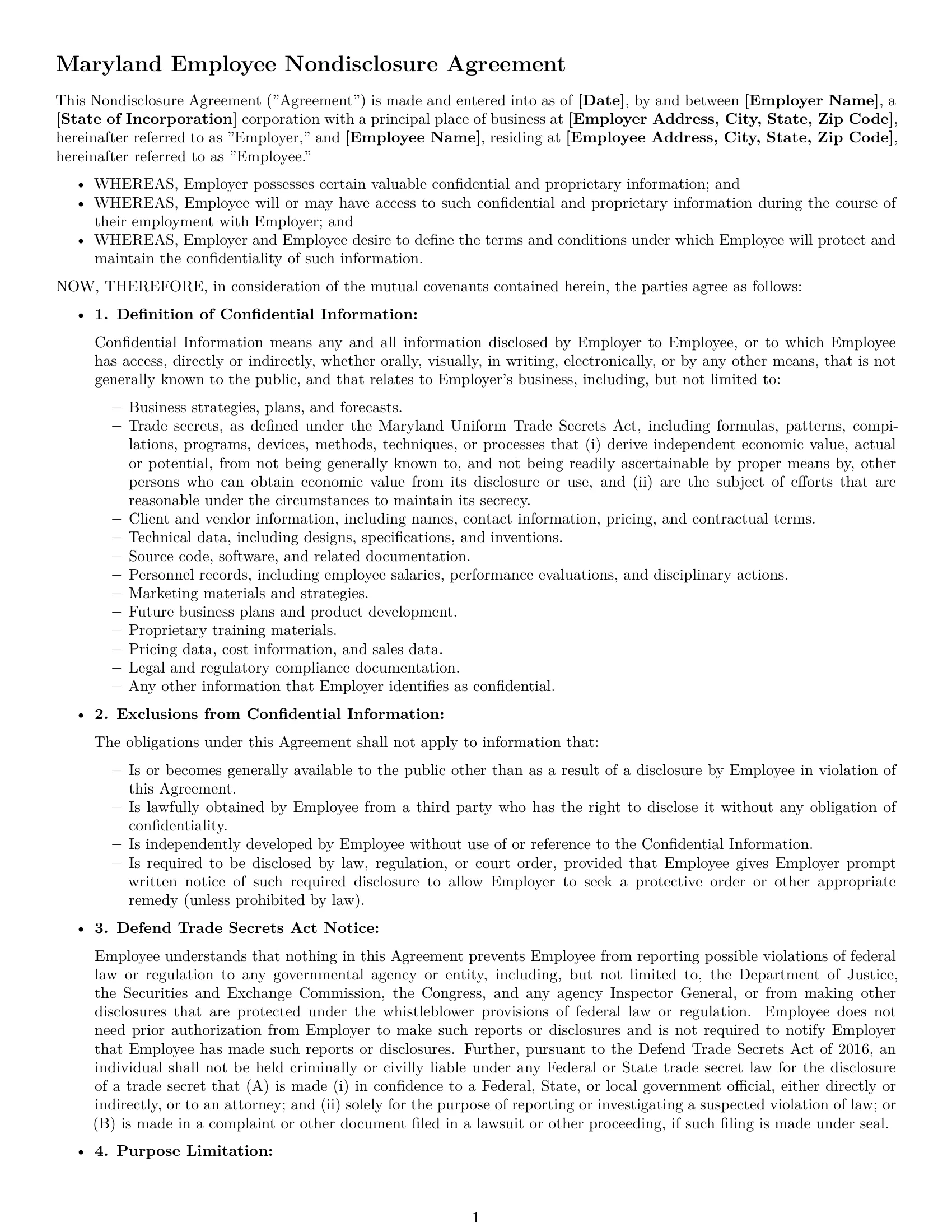 Preview page 1 of Free Maryland employee nda template