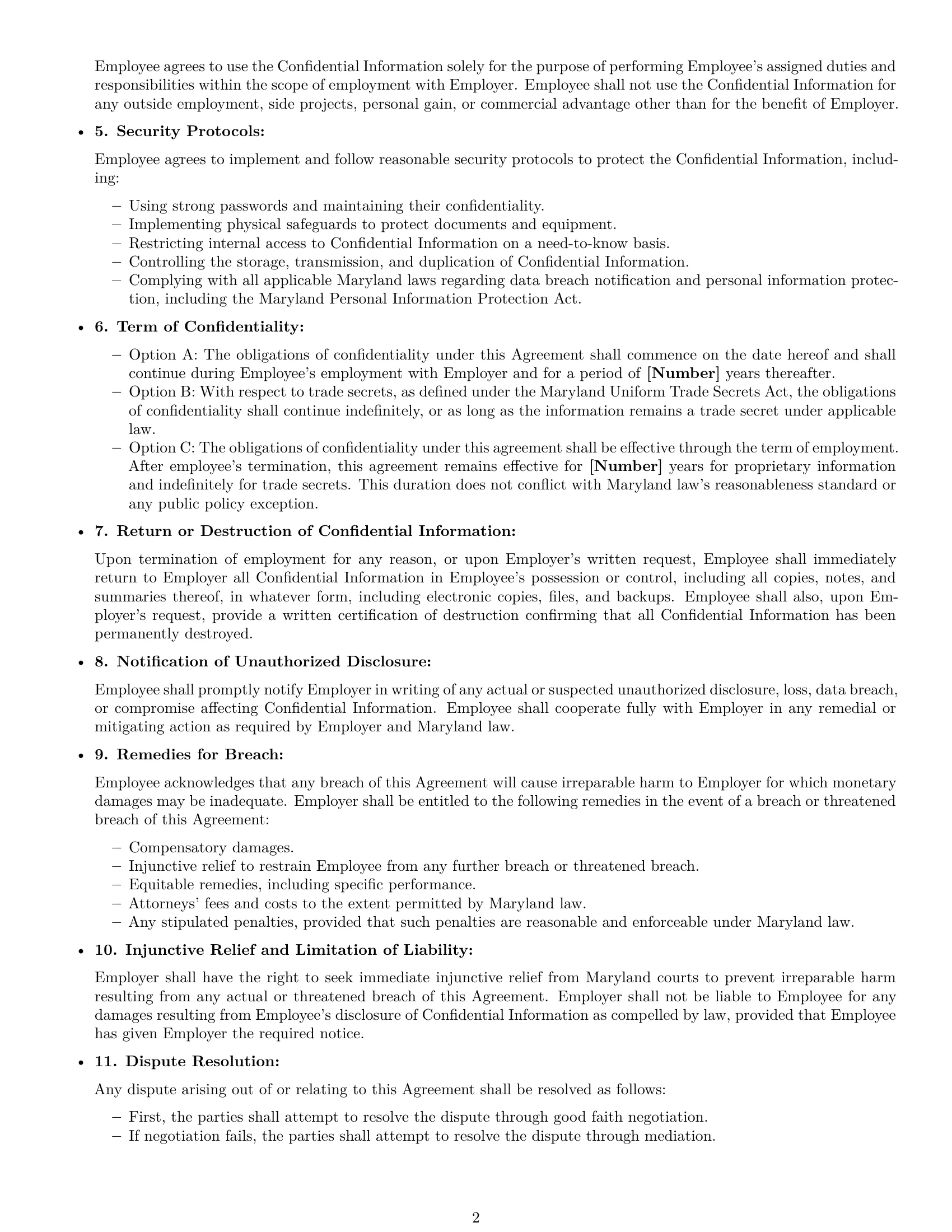 Preview page 2 of Free Maryland employee nda template