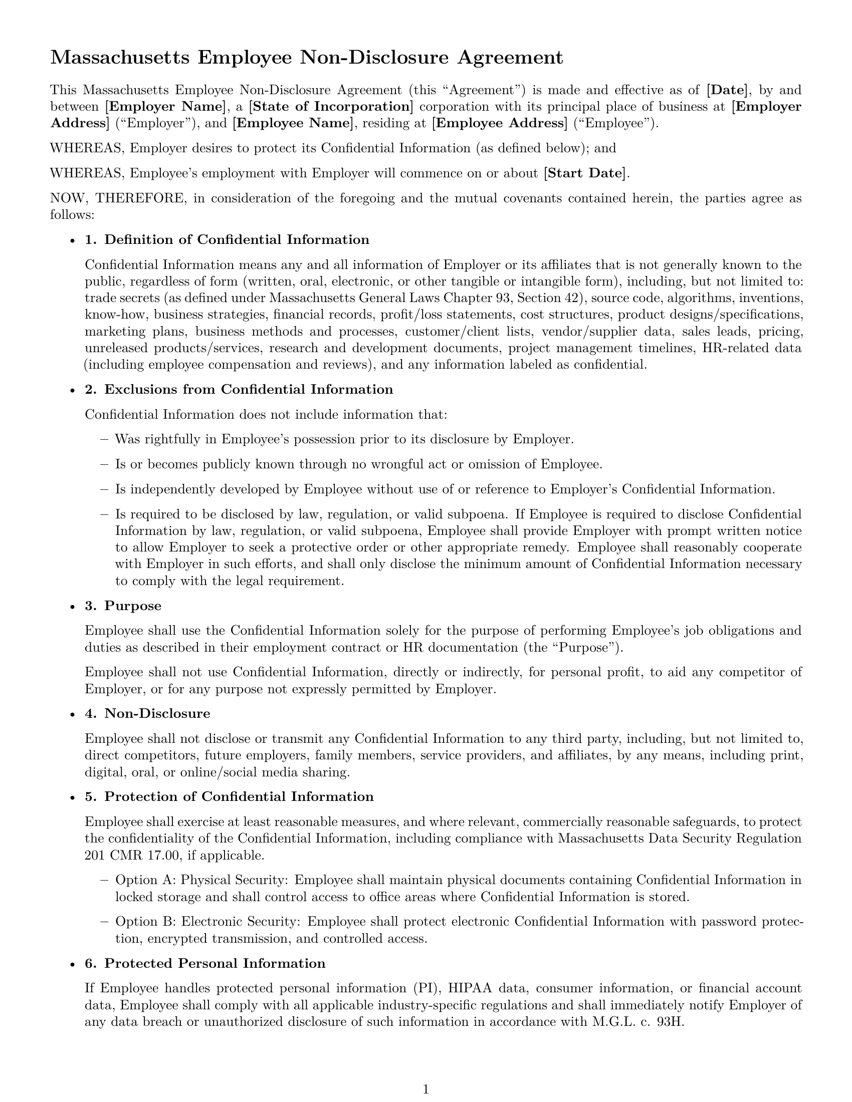 Preview page 1 of Free Massachusetts employee nda template