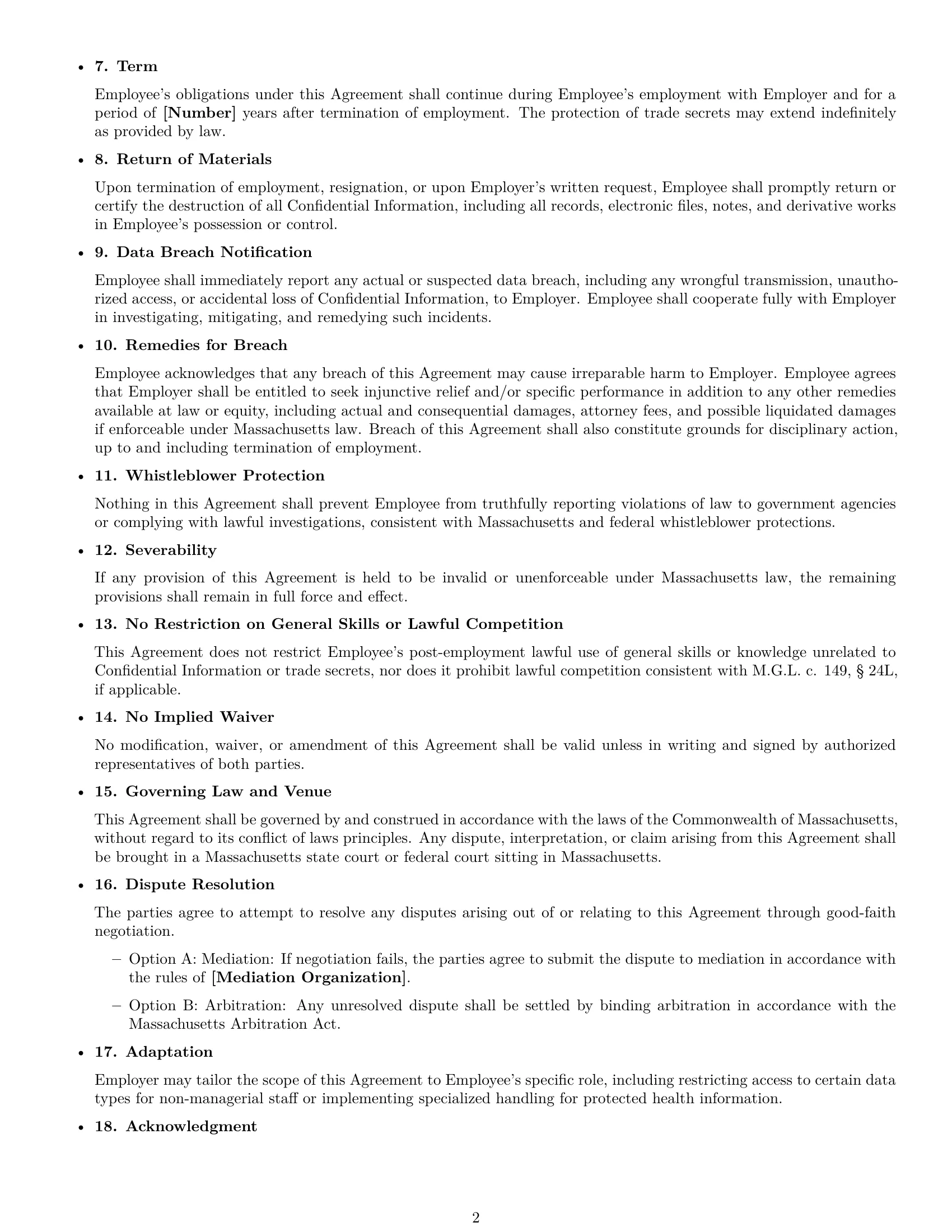 Preview page 2 of Free Massachusetts employee nda template