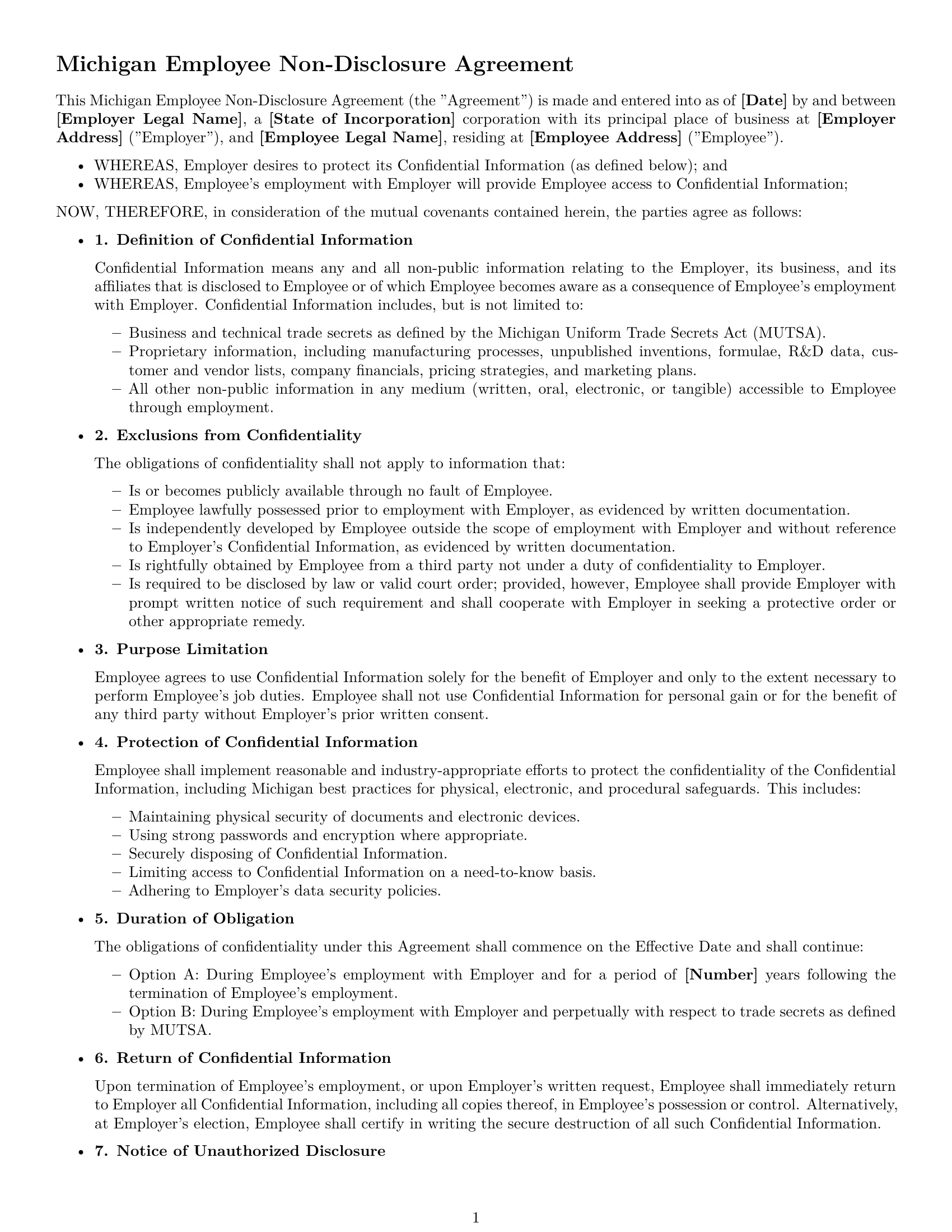 Preview page 1 of Free Michigan employee nda template