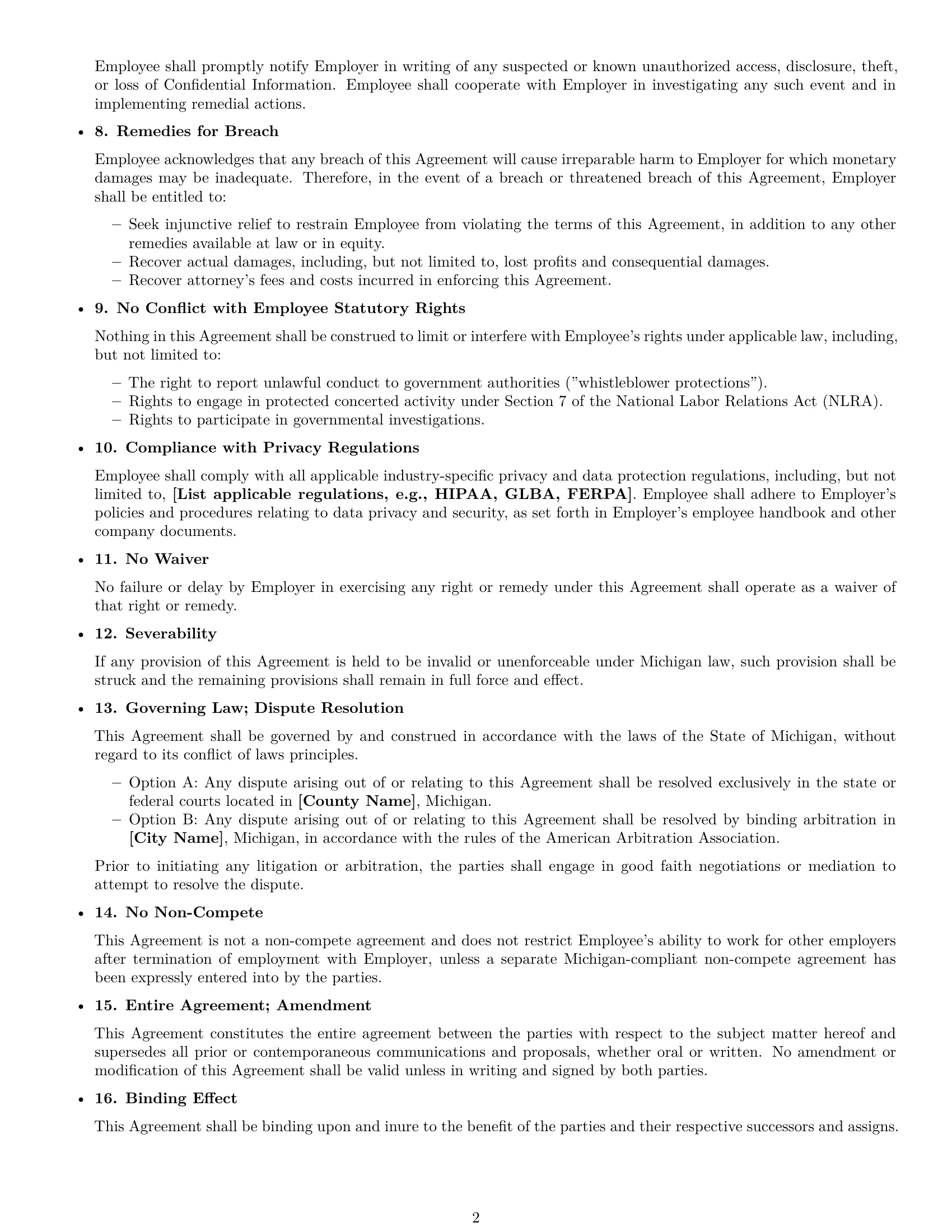 Preview page 2 of Free Michigan employee nda template