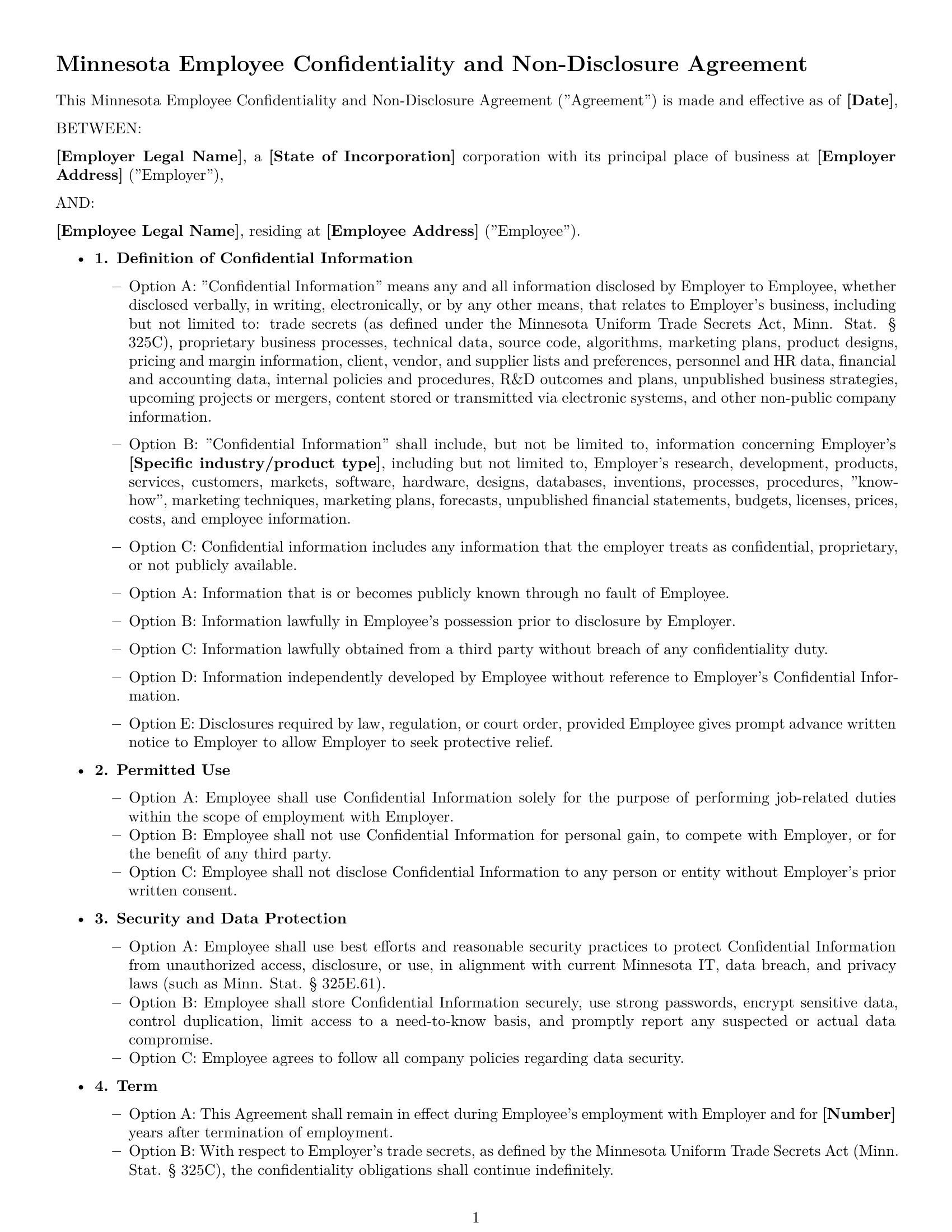Preview page 1 of Free Minnesota employee nda template