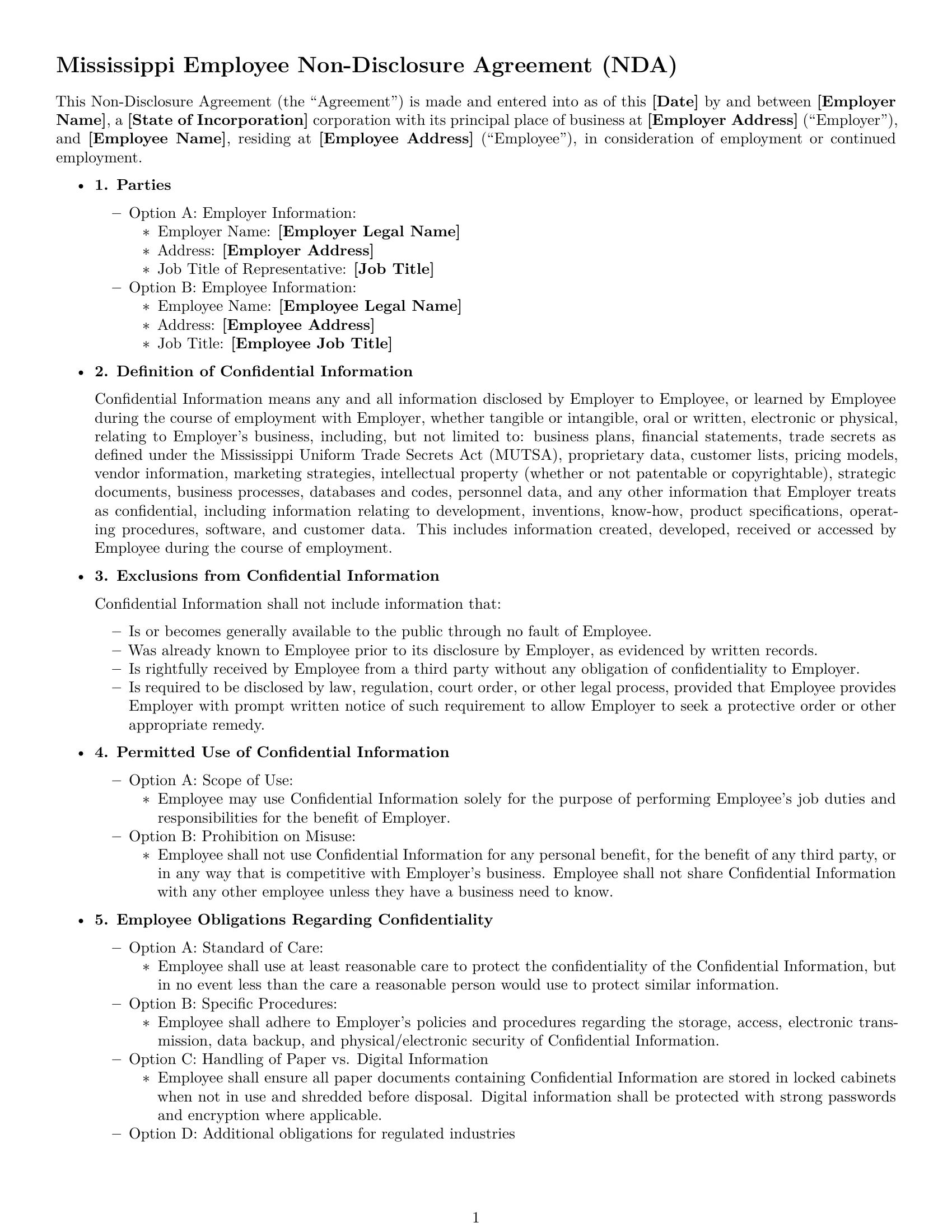 Preview page 1 of Free Mississippi employee nda template
