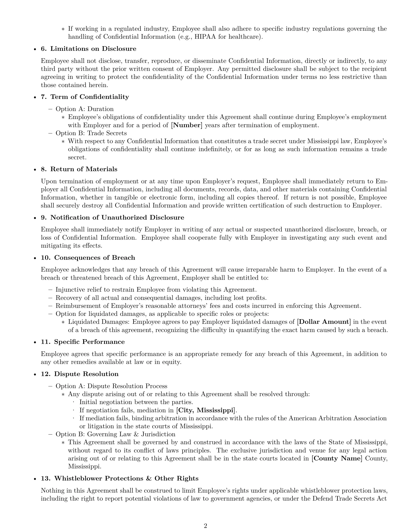 Preview page 2 of Free Mississippi employee nda template