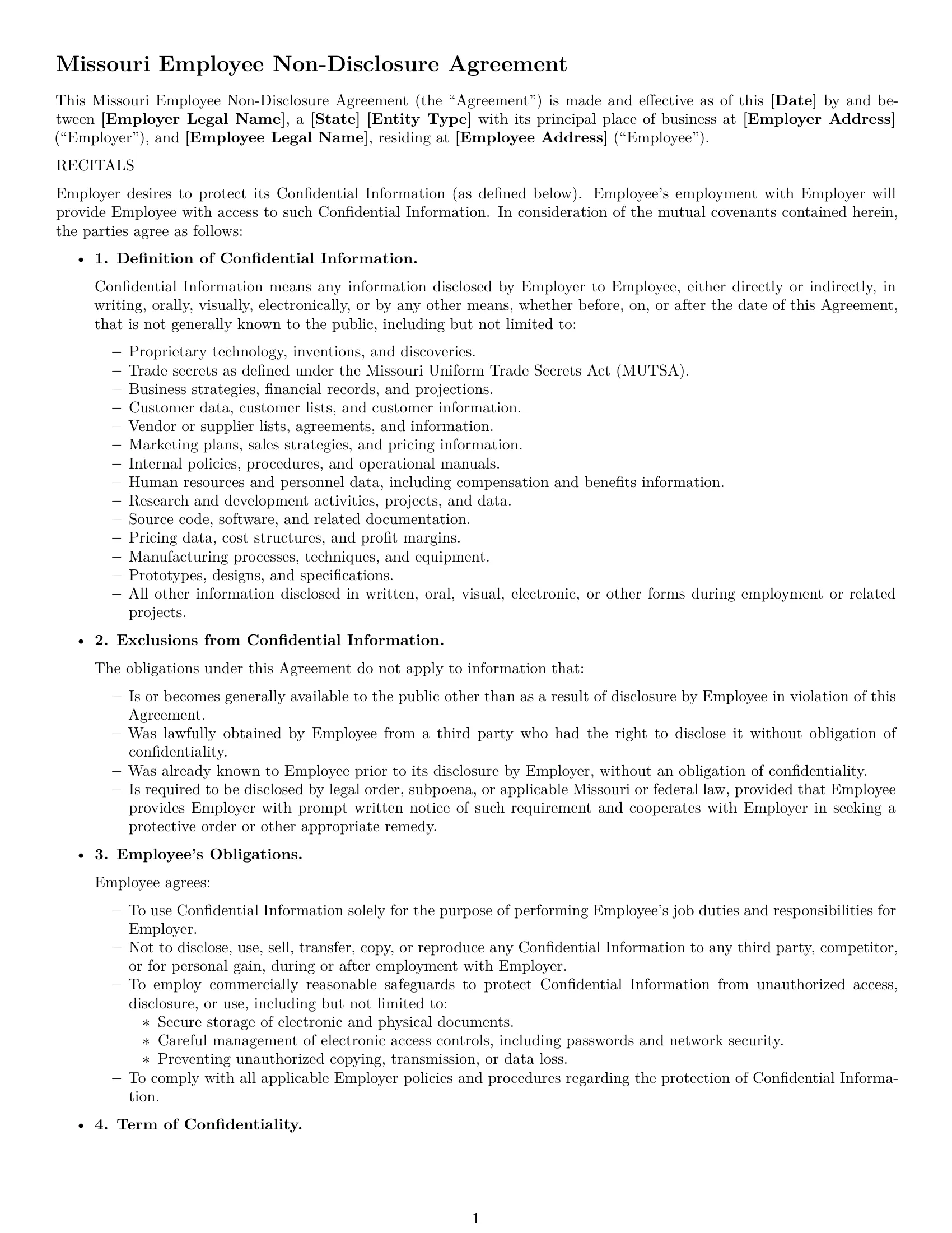 Preview page 1 of Free Missouri employee nda template