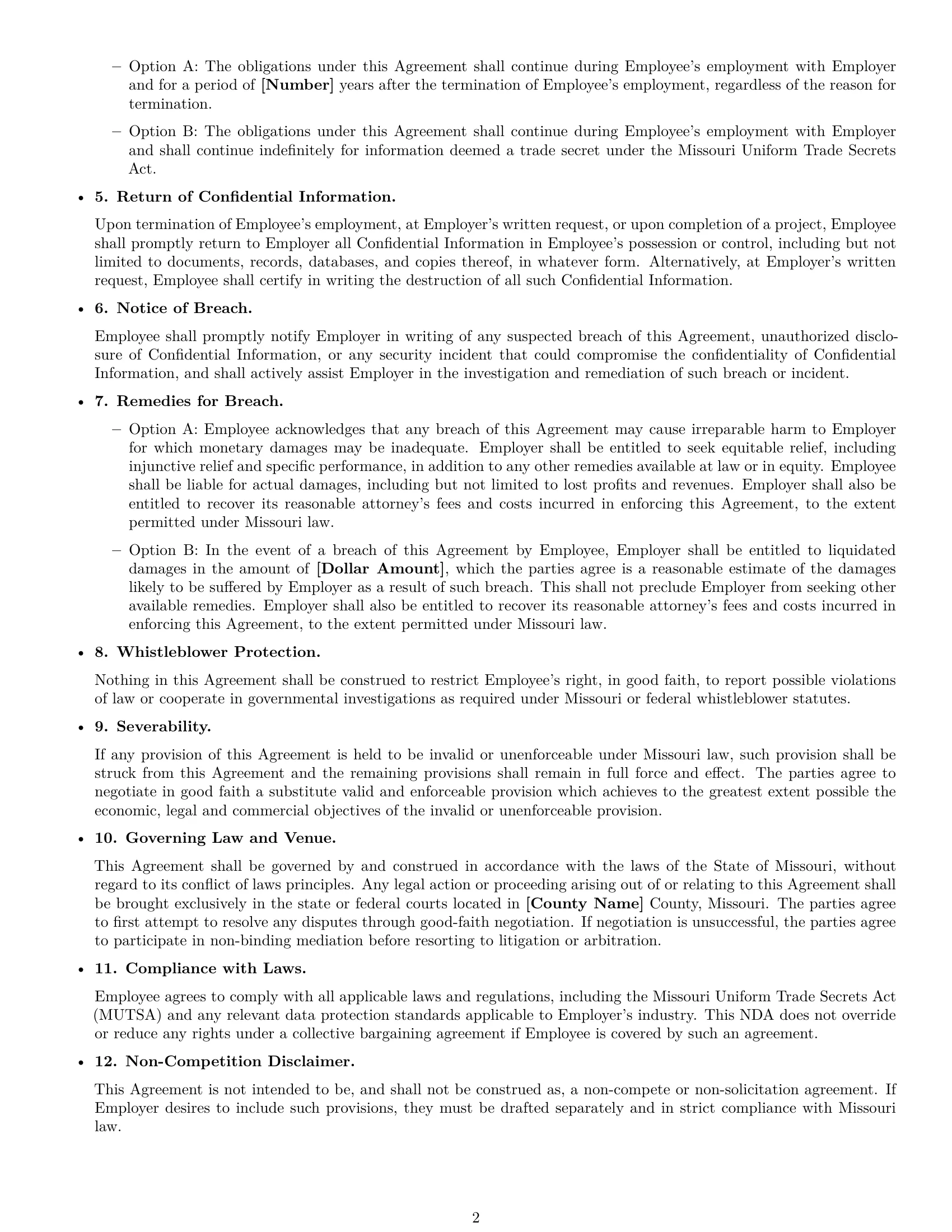 Preview page 2 of Free Missouri employee nda template