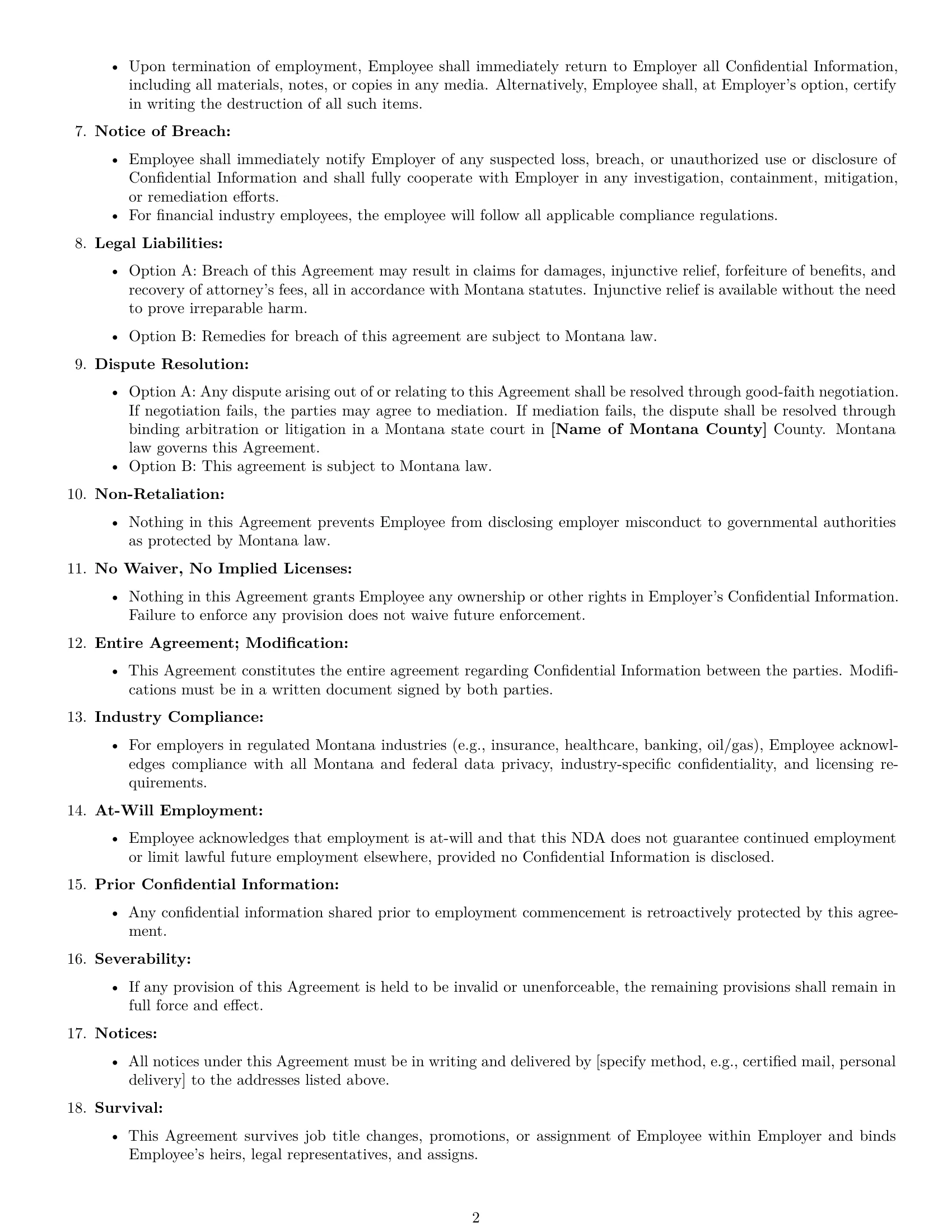 Preview page 2 of Free Montana employee nda template